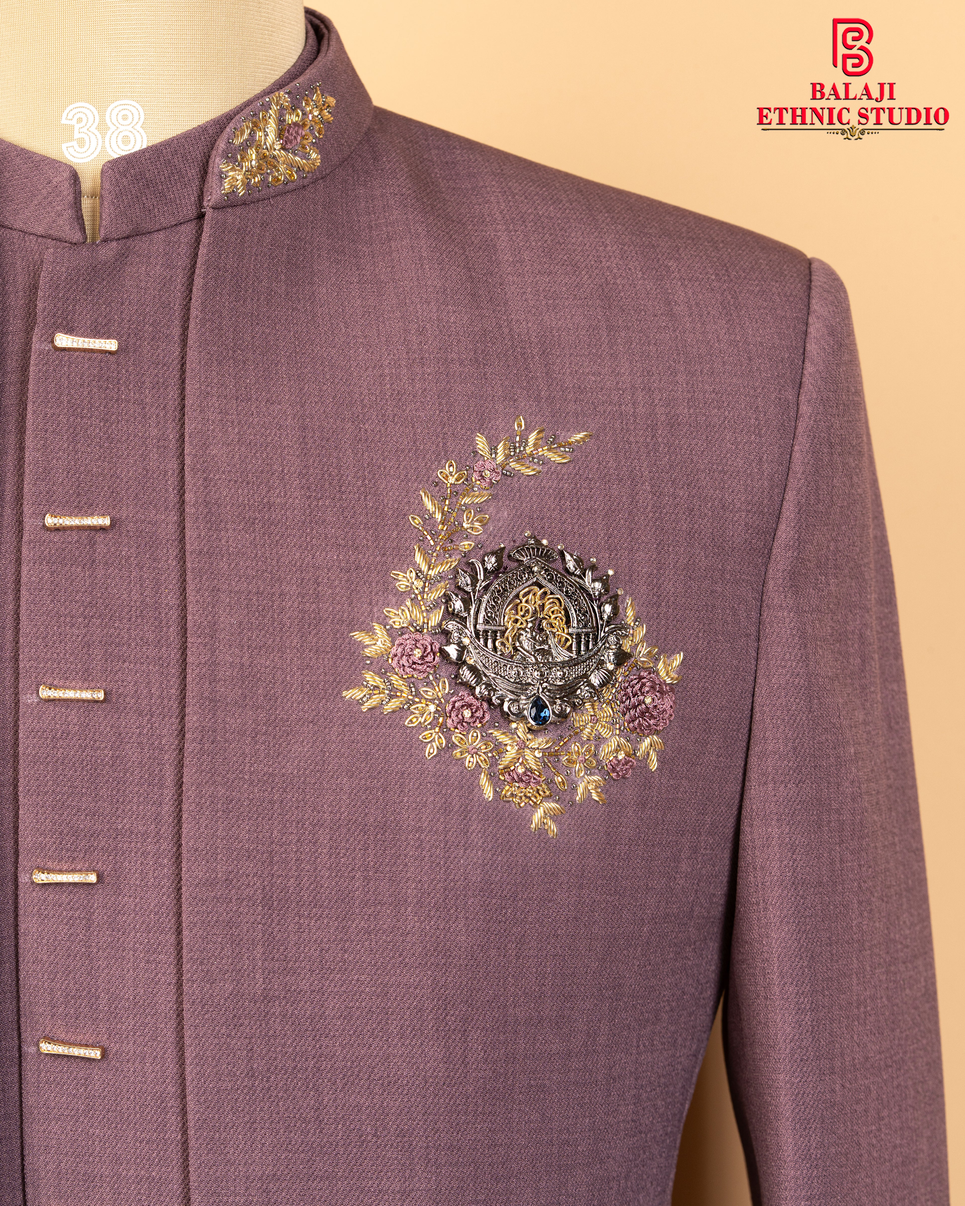 Peach Pink Open Jodhpuri Suit with Zardosi Work & Couple Motif (Diamond Button Style)