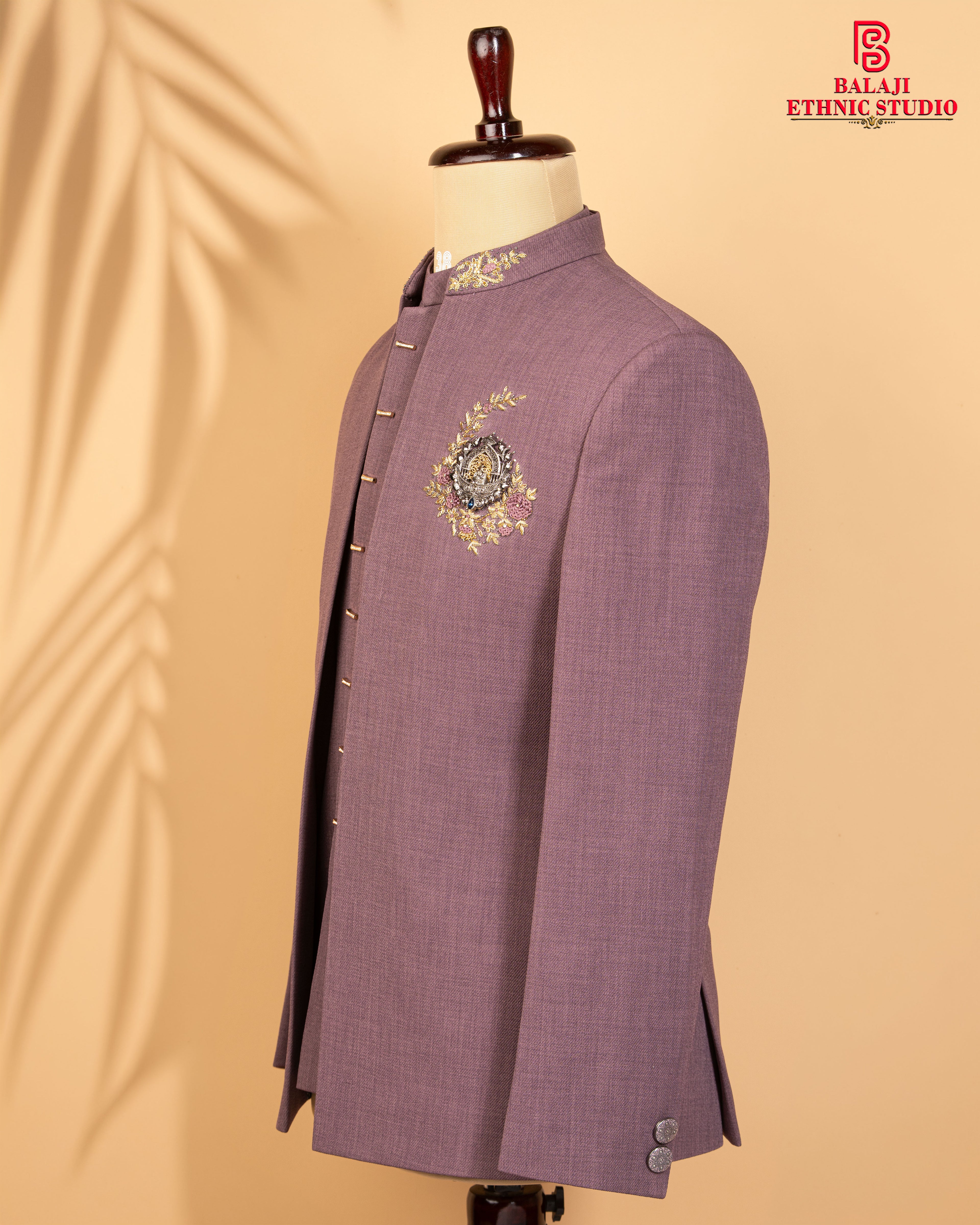 Peach Pink Open Jodhpuri Suit with Zardosi Work & Couple Motif (Diamond Button Style)