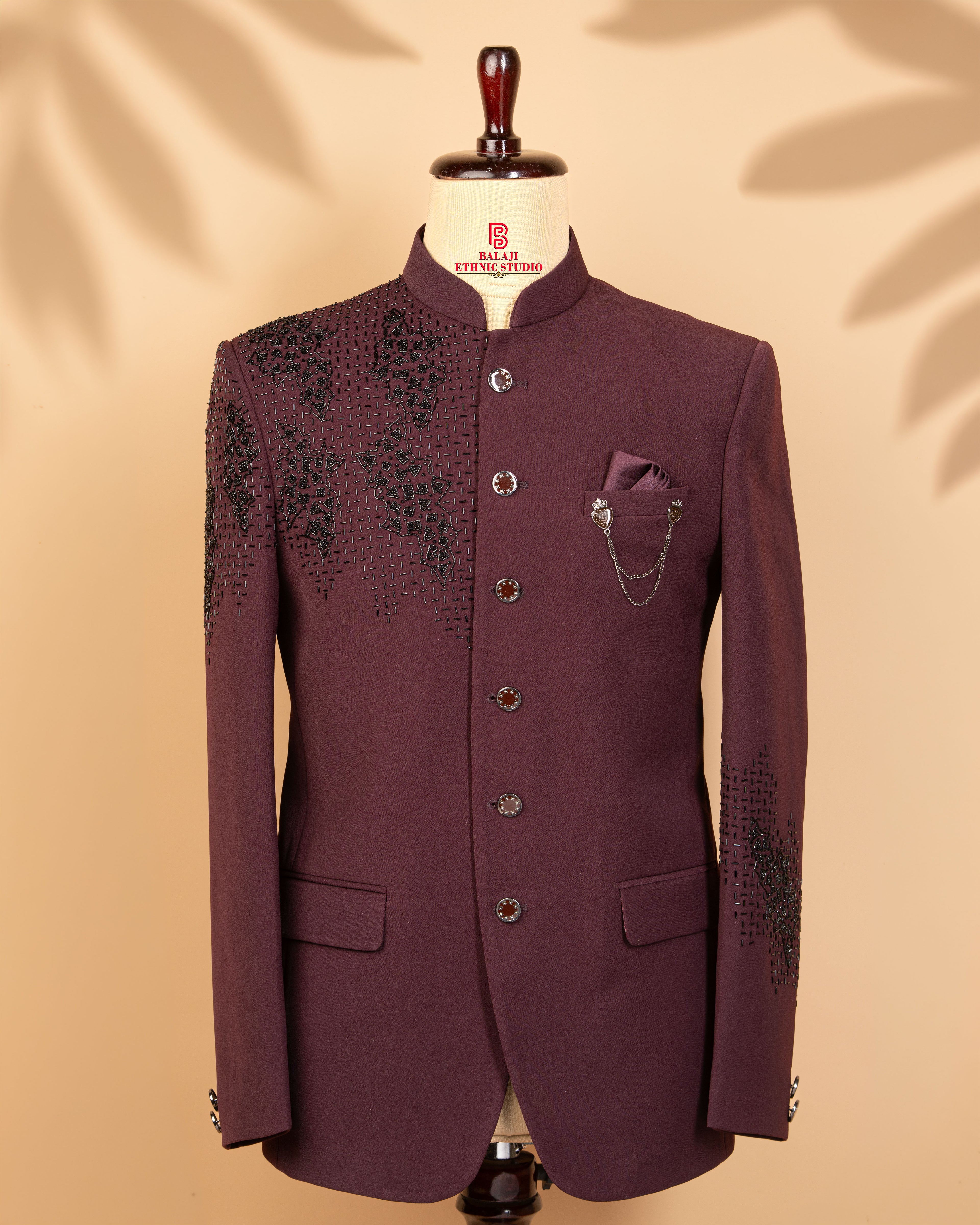 Maroon Armani Fabric Jodhpuri Suit with Black Beads & Kardana Work