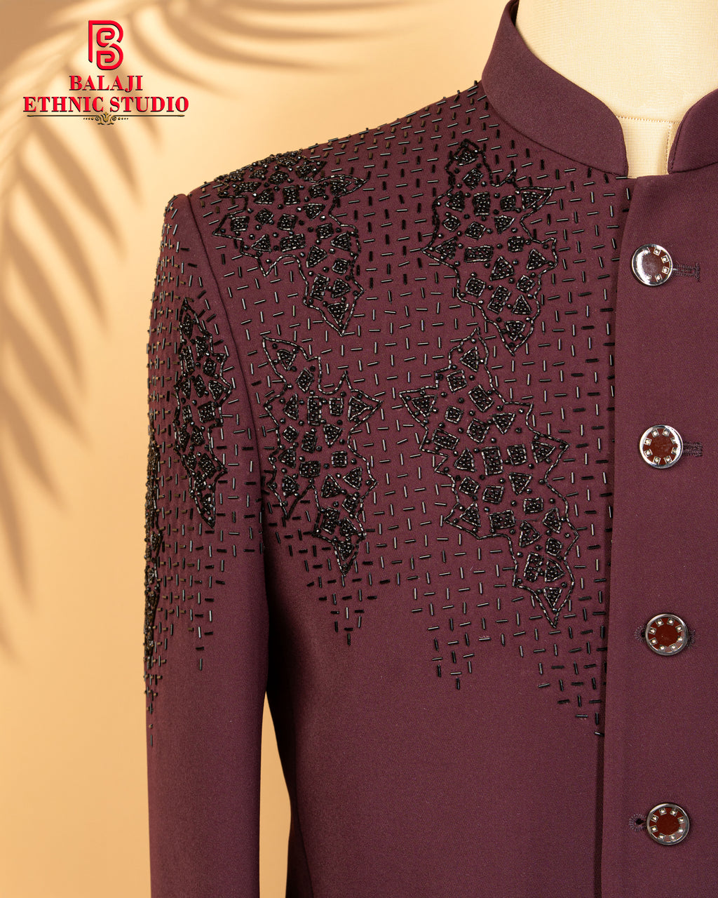 Maroon Armani Fabric Jodhpuri Suit with Black Beads & Kardana Work
