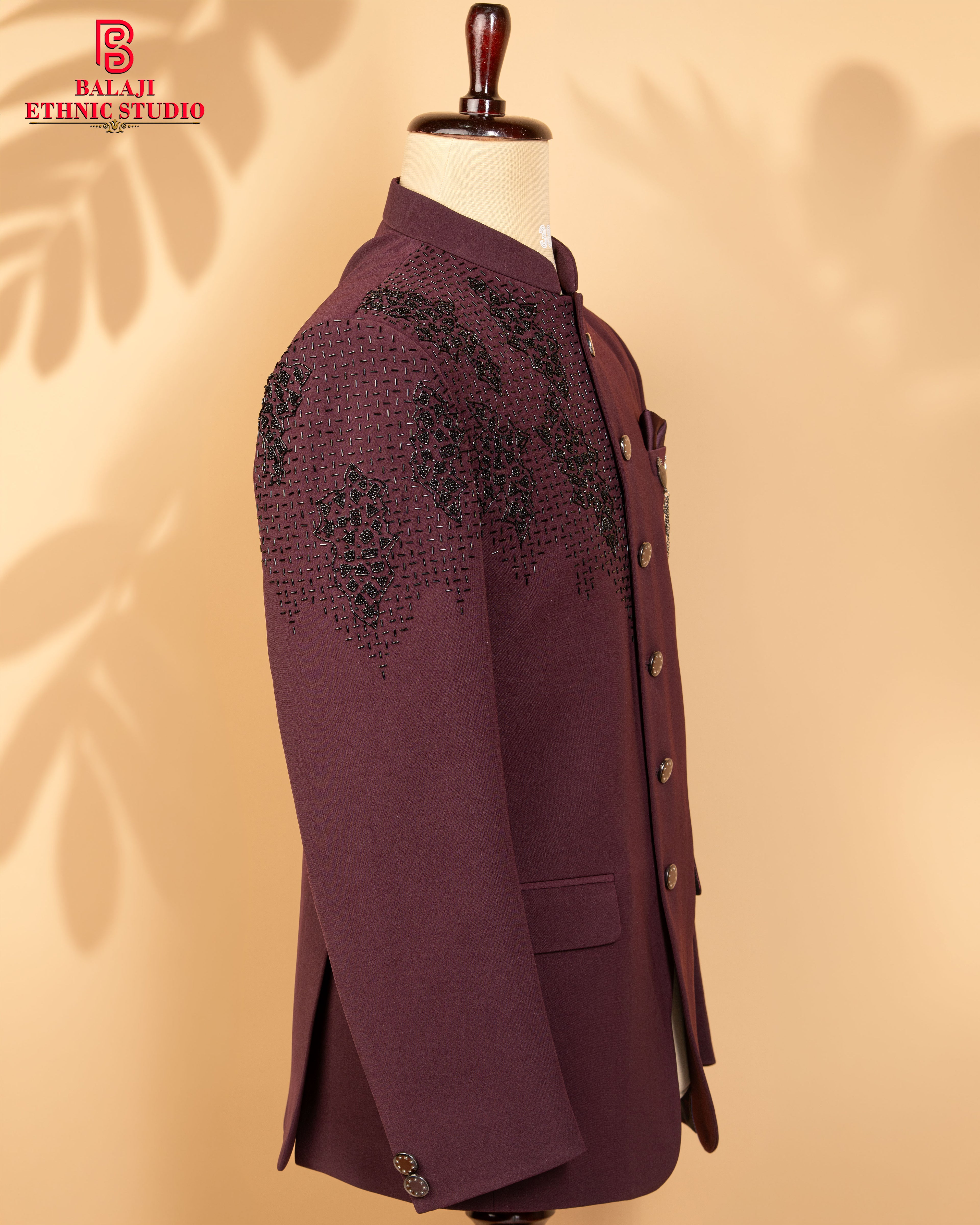 Maroon Armani Fabric Jodhpuri Suit with Black Beads & Kardana Work