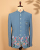 Nile Blue Jodhpuri Suit with Leather Print, Beads & Kardana Work (Gunmetal Buttons)