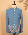 Nile Blue Jodhpuri Suit with Leather Print, Beads & Kardana Work (Gunmetal Buttons)