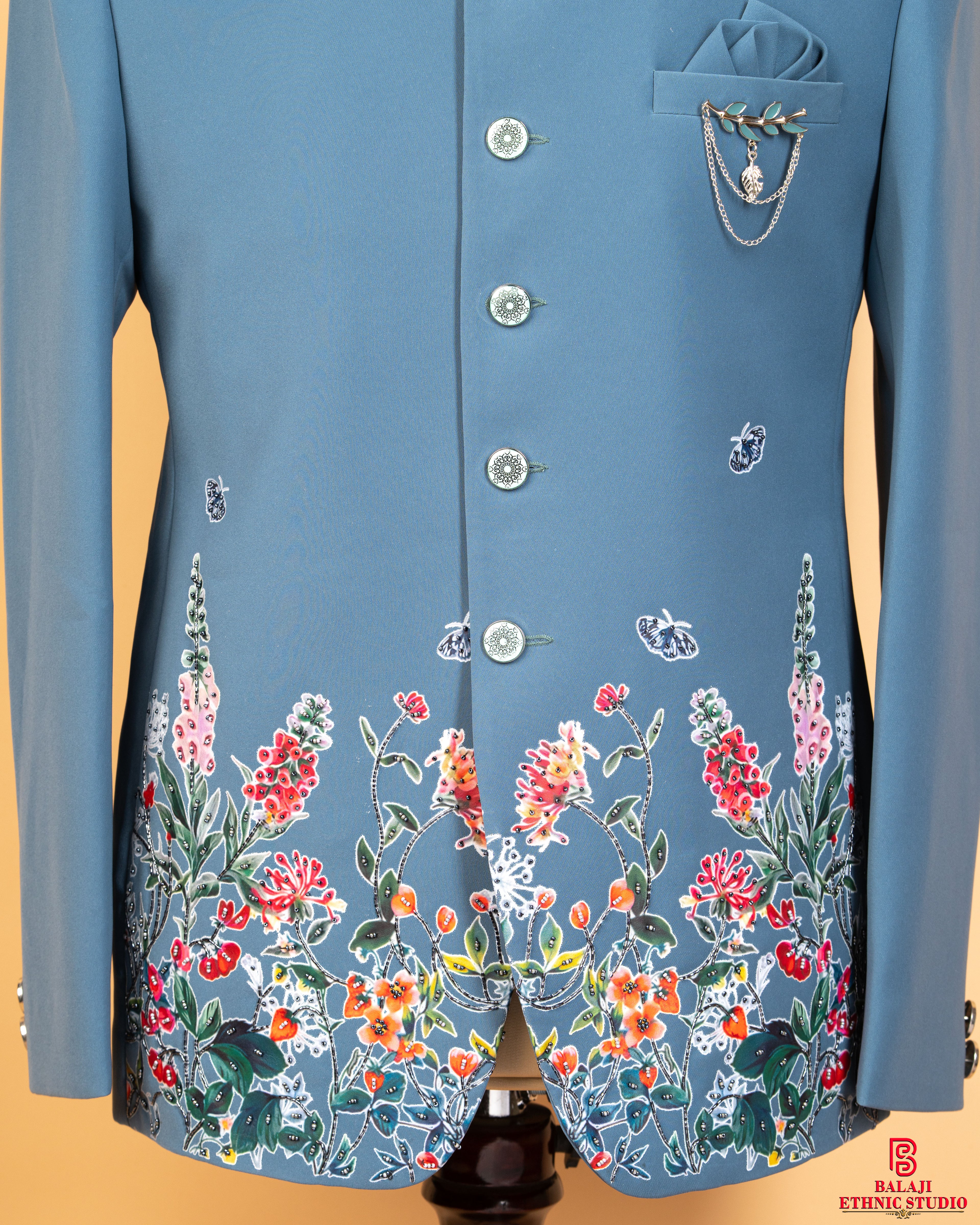 Nile Blue Jodhpuri Suit with Leather Print, Beads & Kardana Work (Gunmetal Buttons)