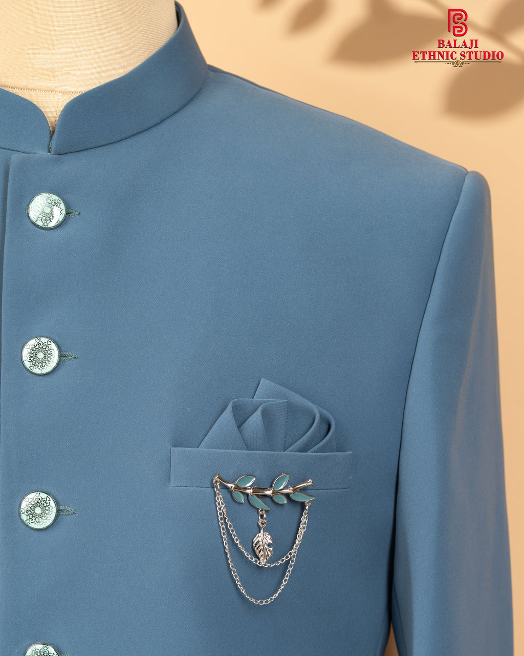 Nile Blue Jodhpuri Suit with Leather Print, Beads & Kardana Work (Gunmetal Buttons)