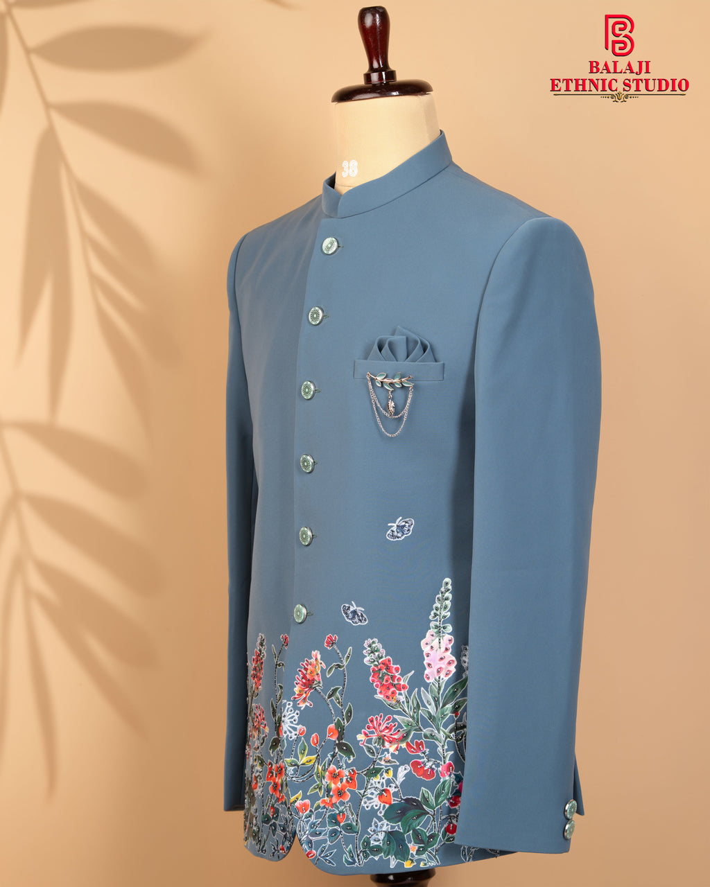 Nile Blue Jodhpuri Suit with Leather Print, Beads & Kardana Work (Gunmetal Buttons)