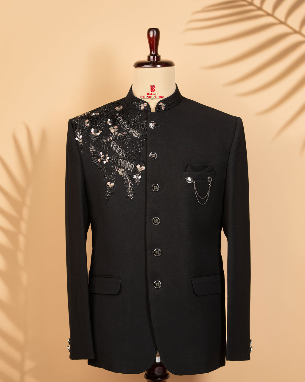 Black Armani Fabric Jodhpuri Suit with Beads & Embroidery Work