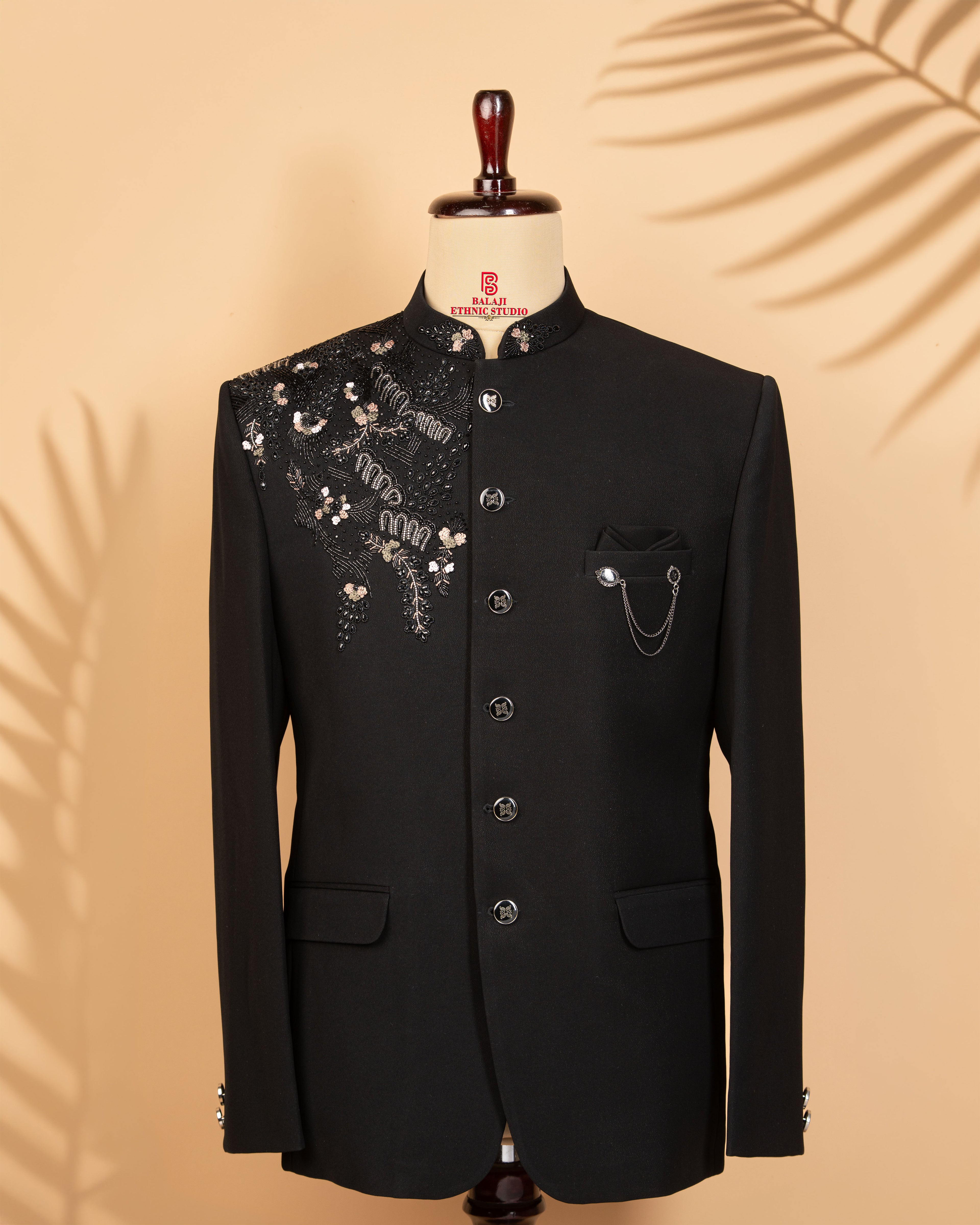 Black Armani Fabric Jodhpuri Suit with Beads & Embroidery Work