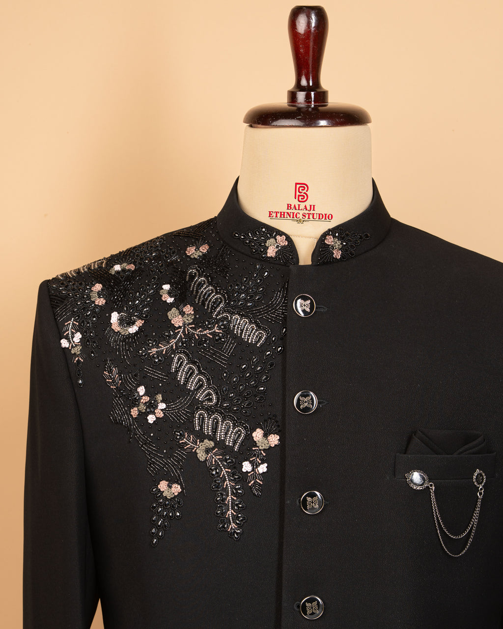 Black Armani Fabric Jodhpuri Suit with Beads & Embroidery Work