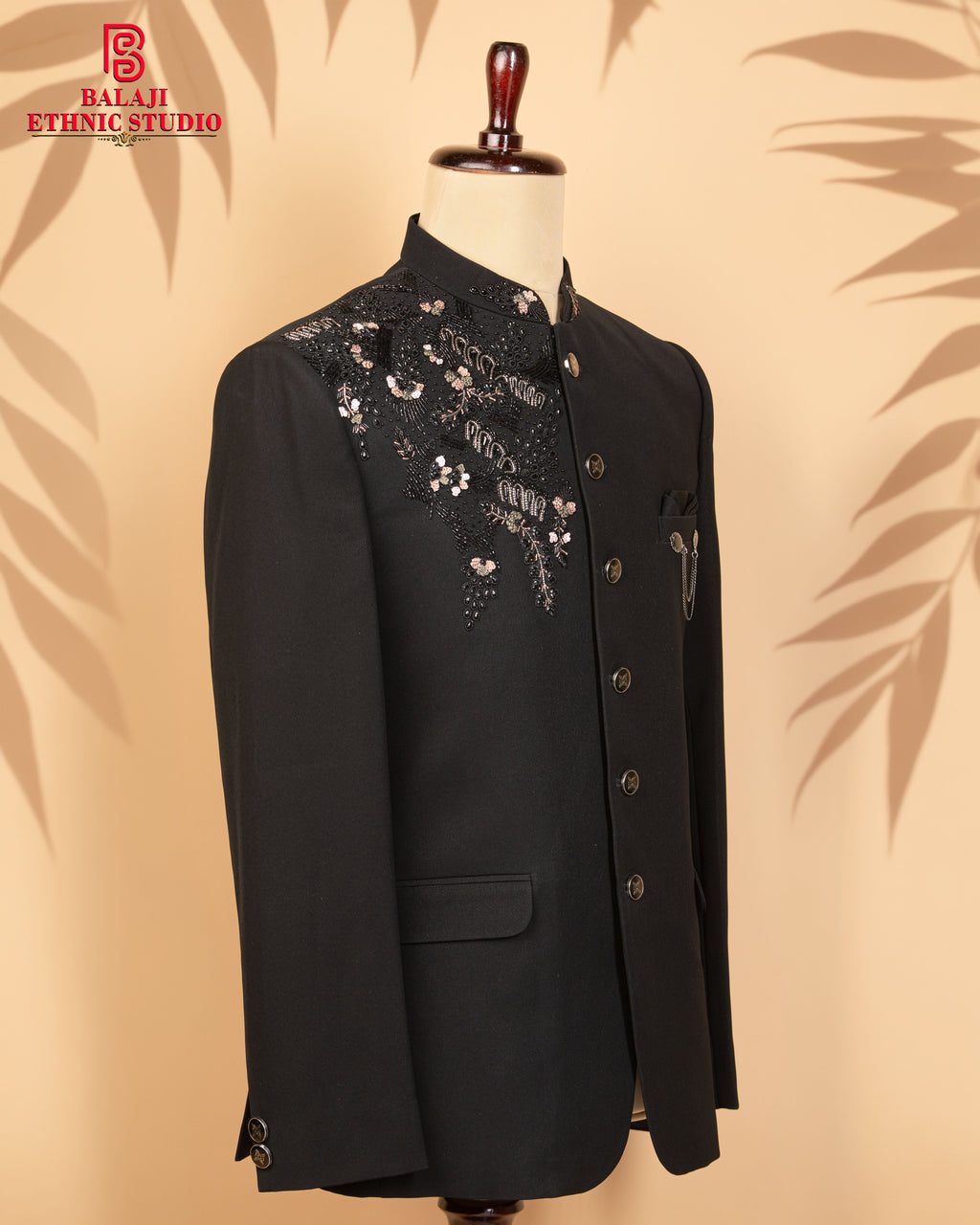 Black Armani Fabric Jodhpuri Suit with Beads & Embroidery Work