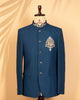Teal Blue Armani Fabric Jodhpuri with Zardosi, Metal & Embroidery Work (Simri Finish)
