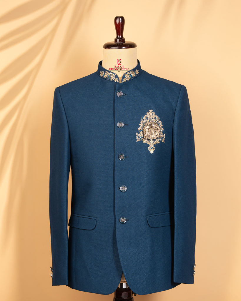 Teal Blue Armani Fabric Jodhpuri with Zardosi, Metal & Embroidery Work (Simri Finish)