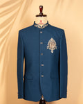 Teal Blue Armani Fabric Jodhpuri with Zardosi, Metal & Embroidery Work (Simri Finish)