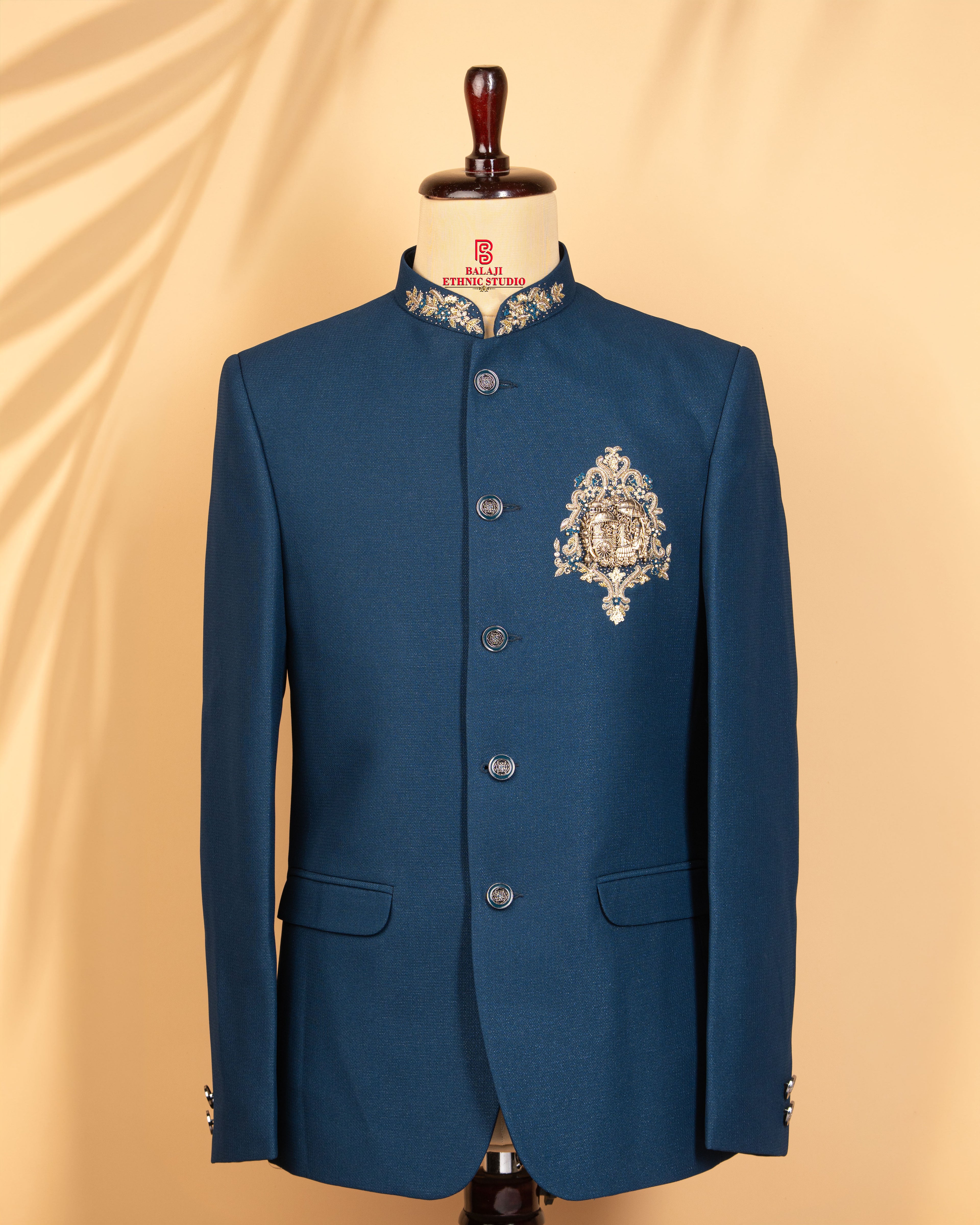 Teal Blue Armani Fabric Jodhpuri with Zardosi, Metal & Embroidery Work (Simri Finish)