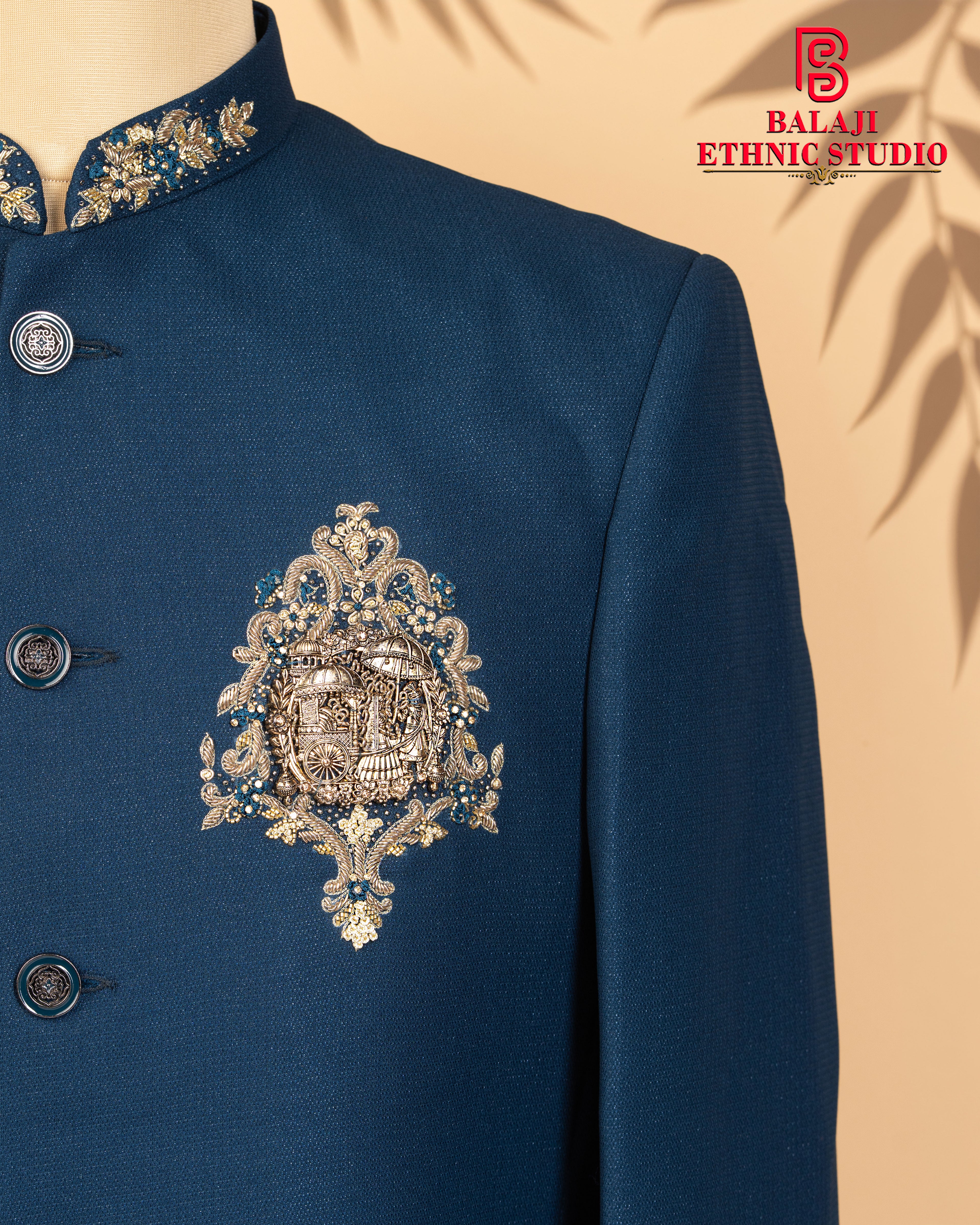 Teal Blue Armani Fabric Jodhpuri with Zardosi, Metal & Embroidery Work (Simri Finish)