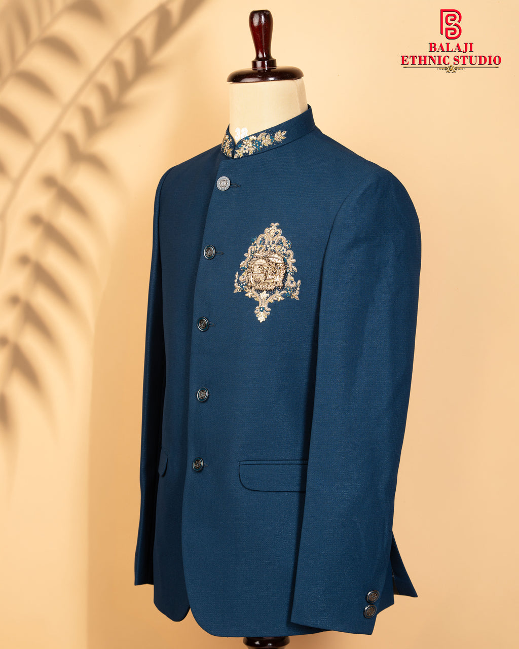 Teal Blue Armani Fabric Jodhpuri with Zardosi, Metal & Embroidery Work (Simri Finish)