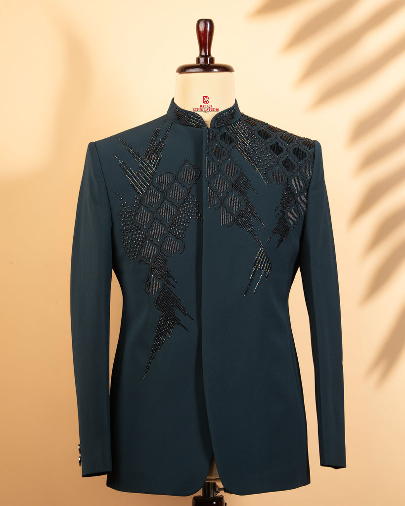 Teal Green Armani Fabric Jodhpuri with Kardana & Beads Work