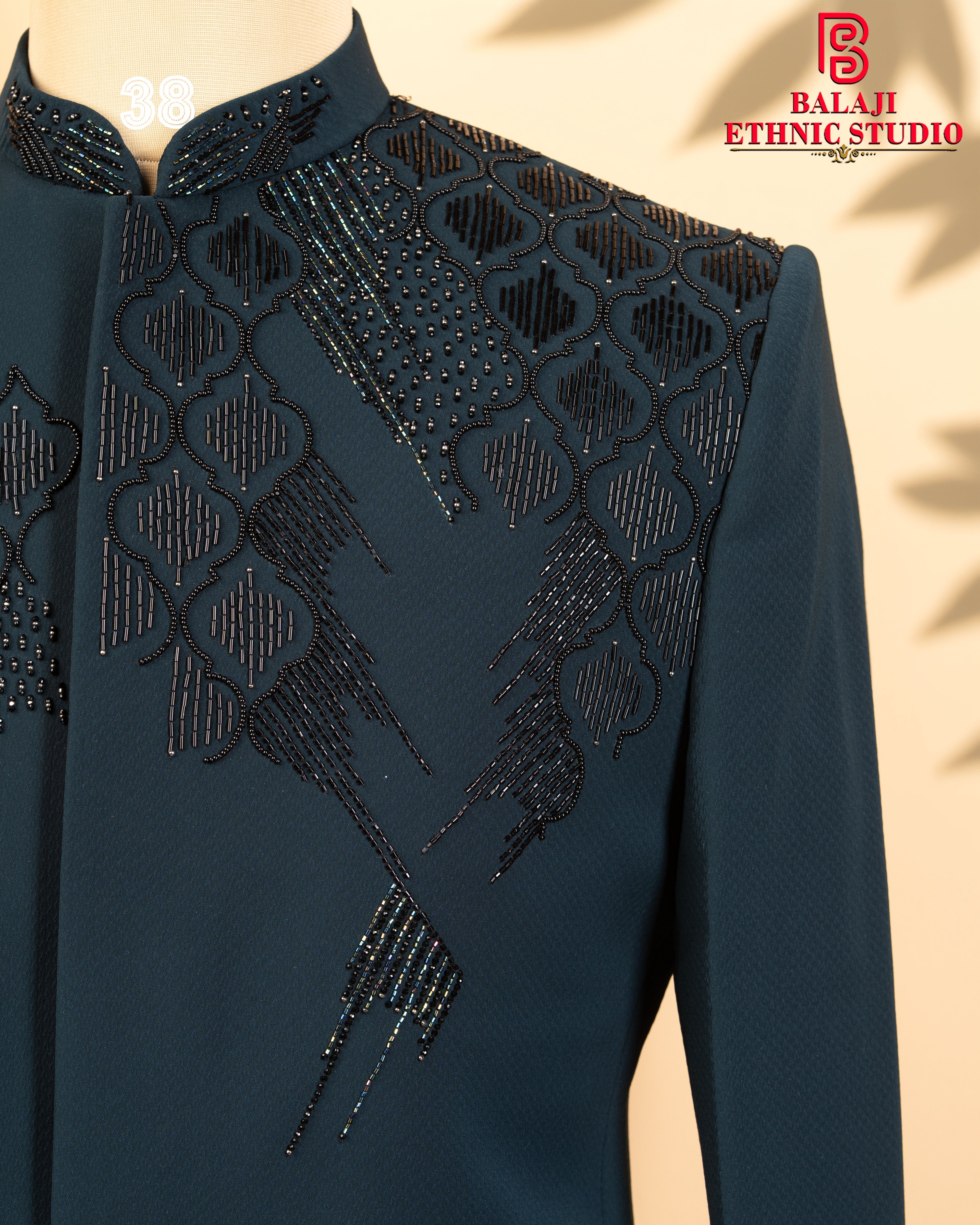 Teal Green Armani Fabric Jodhpuri with Kardana & Beads Work