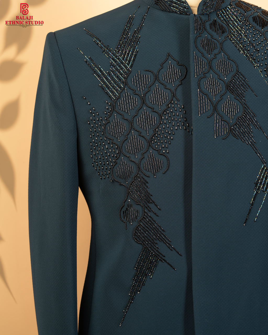 Teal Green Armani Fabric Jodhpuri with Kardana & Beads Work