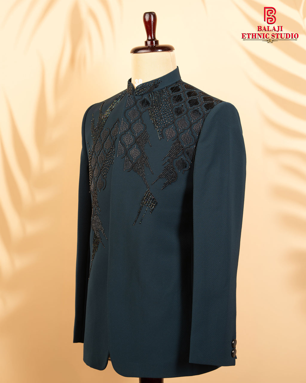 Teal Green Armani Fabric Jodhpuri with Kardana & Beads Work