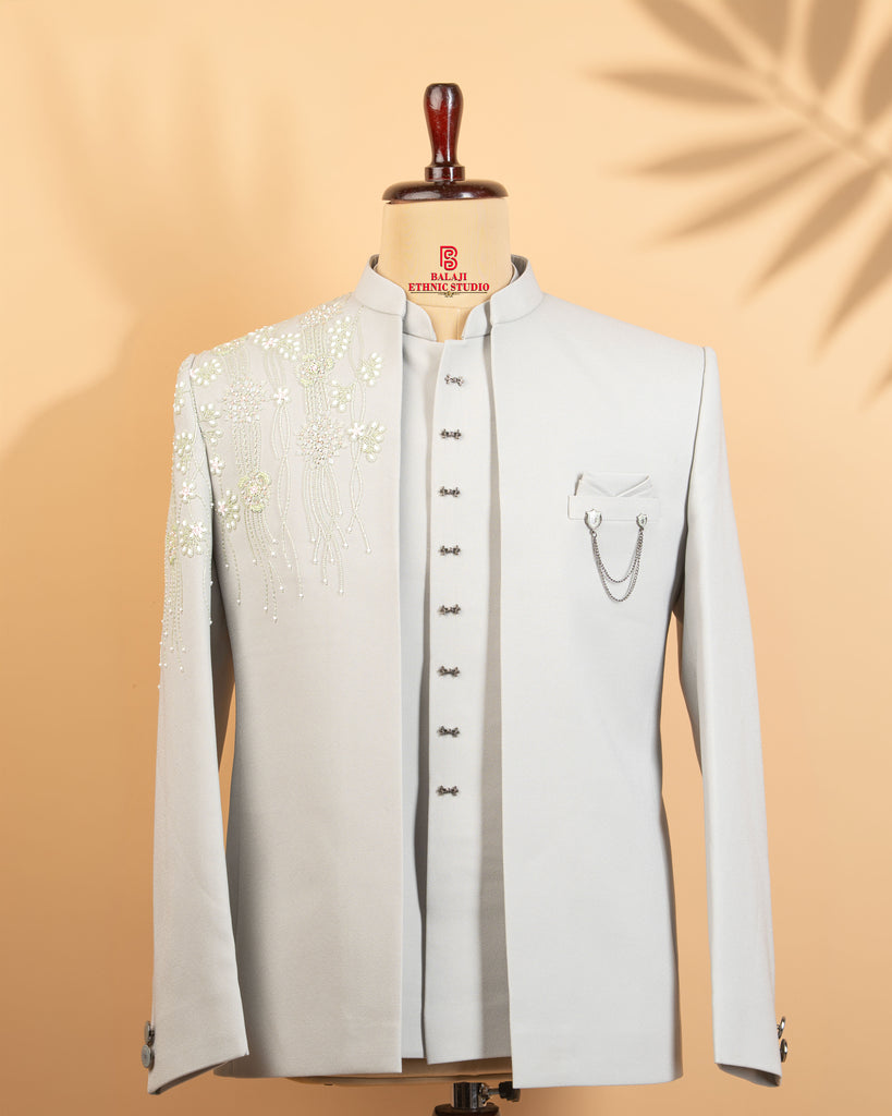 Mint Green Armani Texture Fabric Open Jodhpuri with Beads, Kardana & Light Embroidery Work (Metal Buttons)
