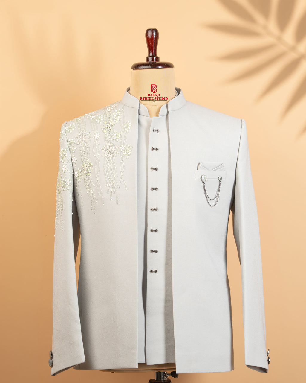 Mint Green Armani Texture Fabric Open Jodhpuri with Beads, Kardana & Light Embroidery Work (Metal Buttons)
