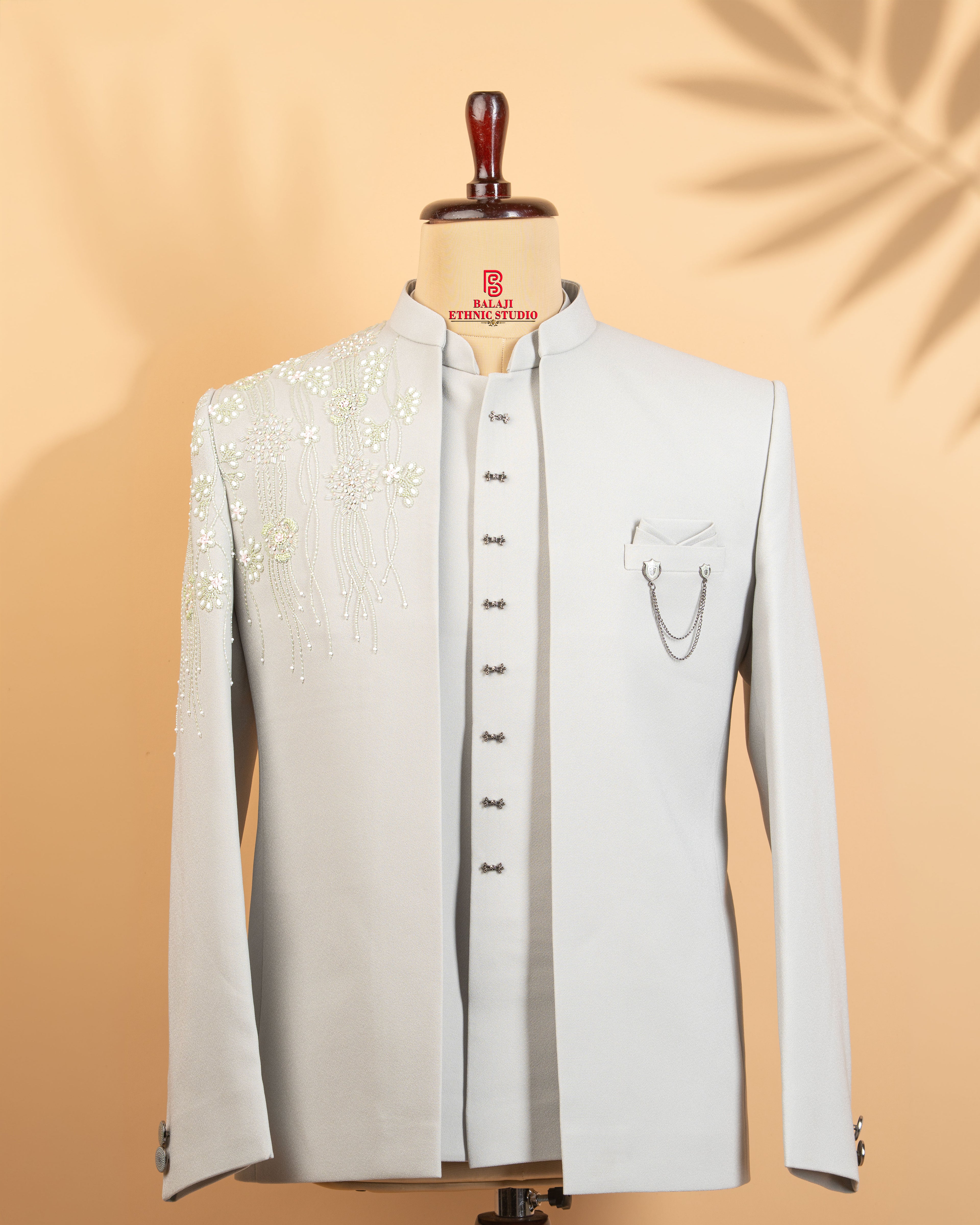 Mint Green Armani Texture Fabric Open Jodhpuri with Beads, Kardana & Light Embroidery Work (Metal Buttons)