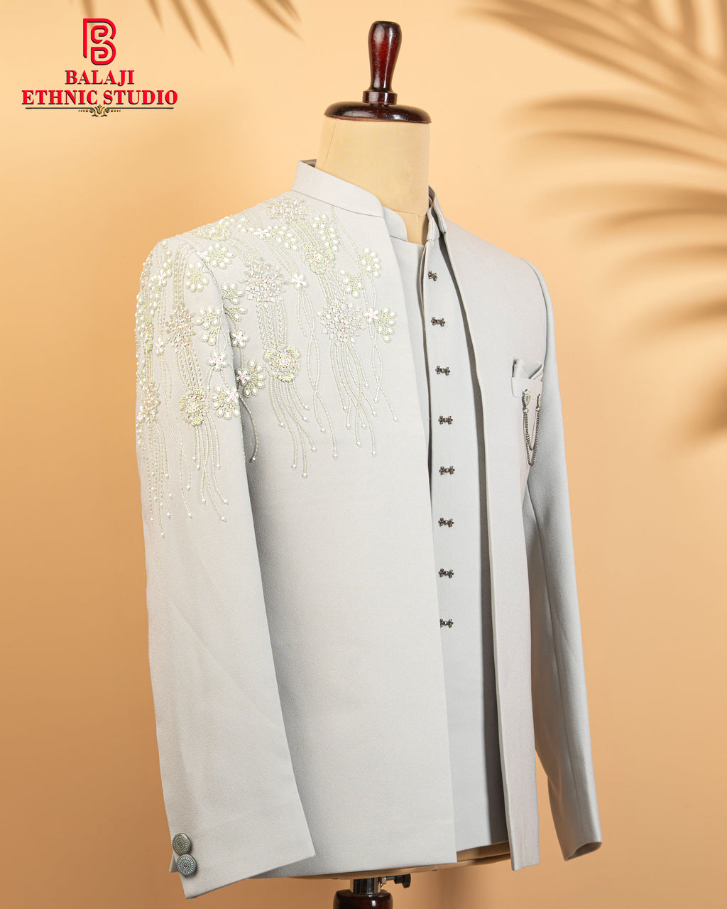 Mint Green Armani Texture Fabric Open Jodhpuri with Beads, Kardana & Light Embroidery Work (Metal Buttons)