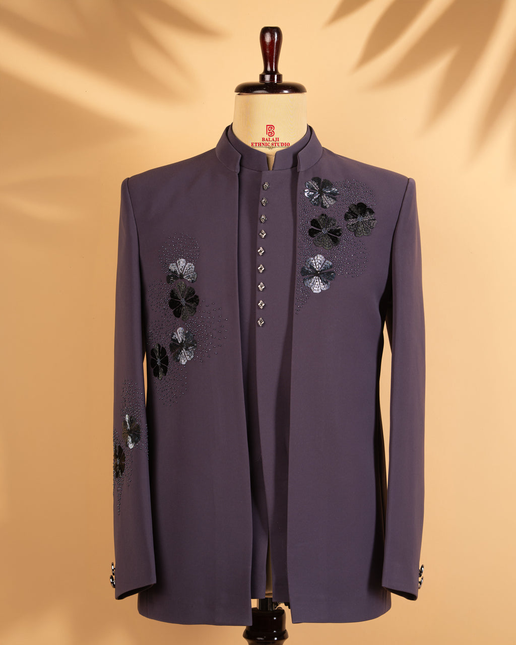 Dark Lavender Armani Fabric Open Jodhpuri with Kardana & Beads Work