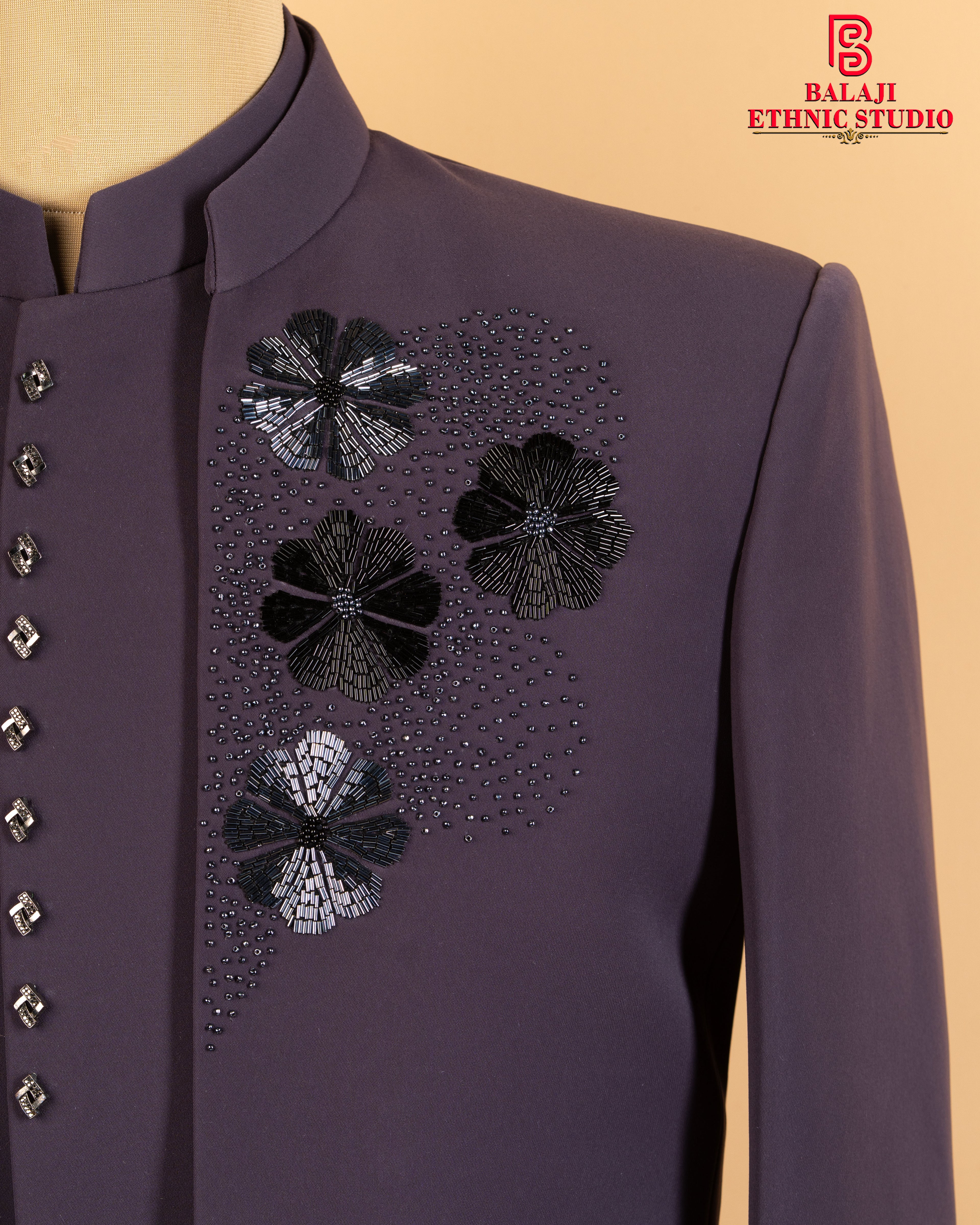 Dark Lavender Armani Fabric Open Jodhpuri with Kardana & Beads Work