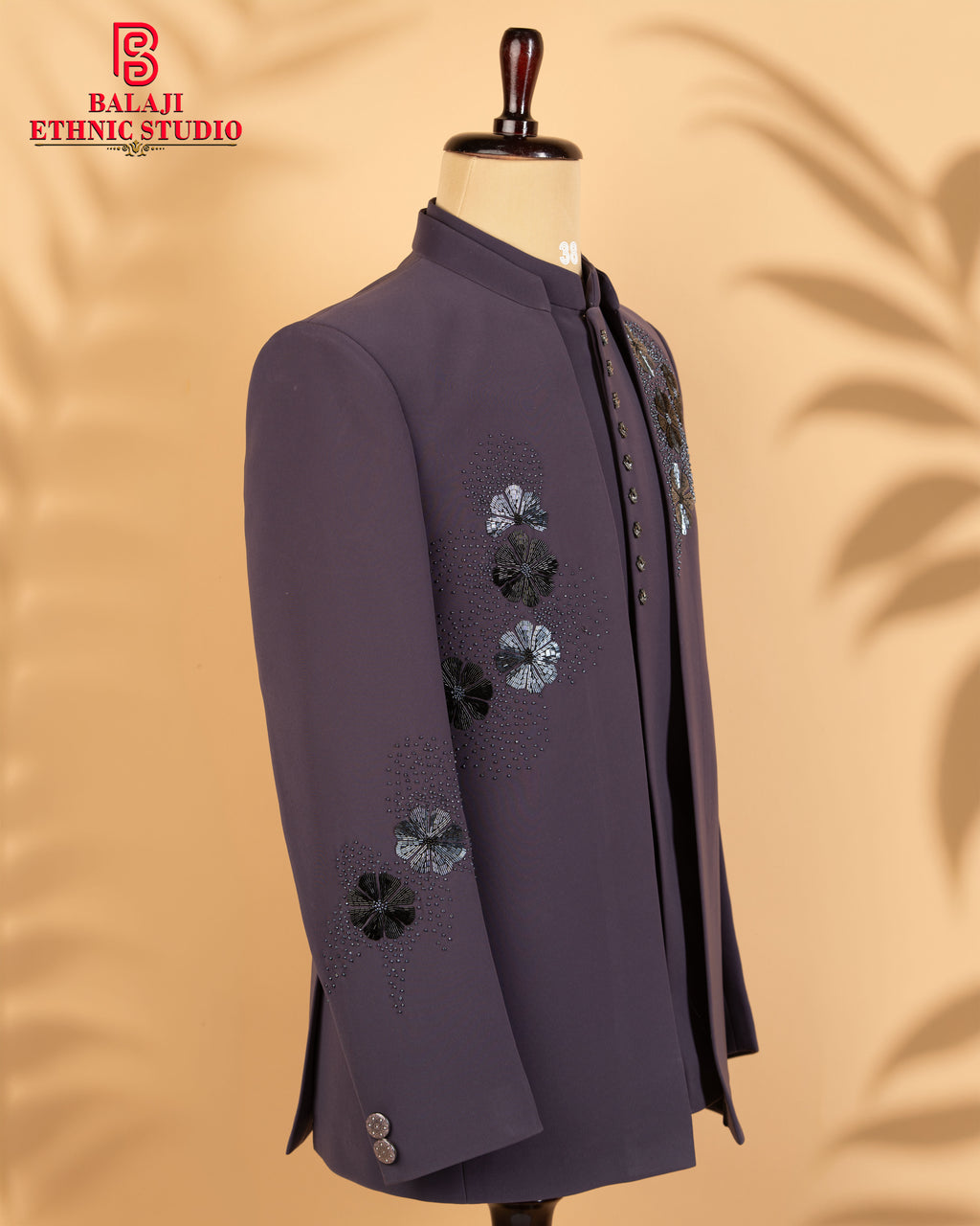 Dark Lavender Armani Fabric Open Jodhpuri with Kardana & Beads Work