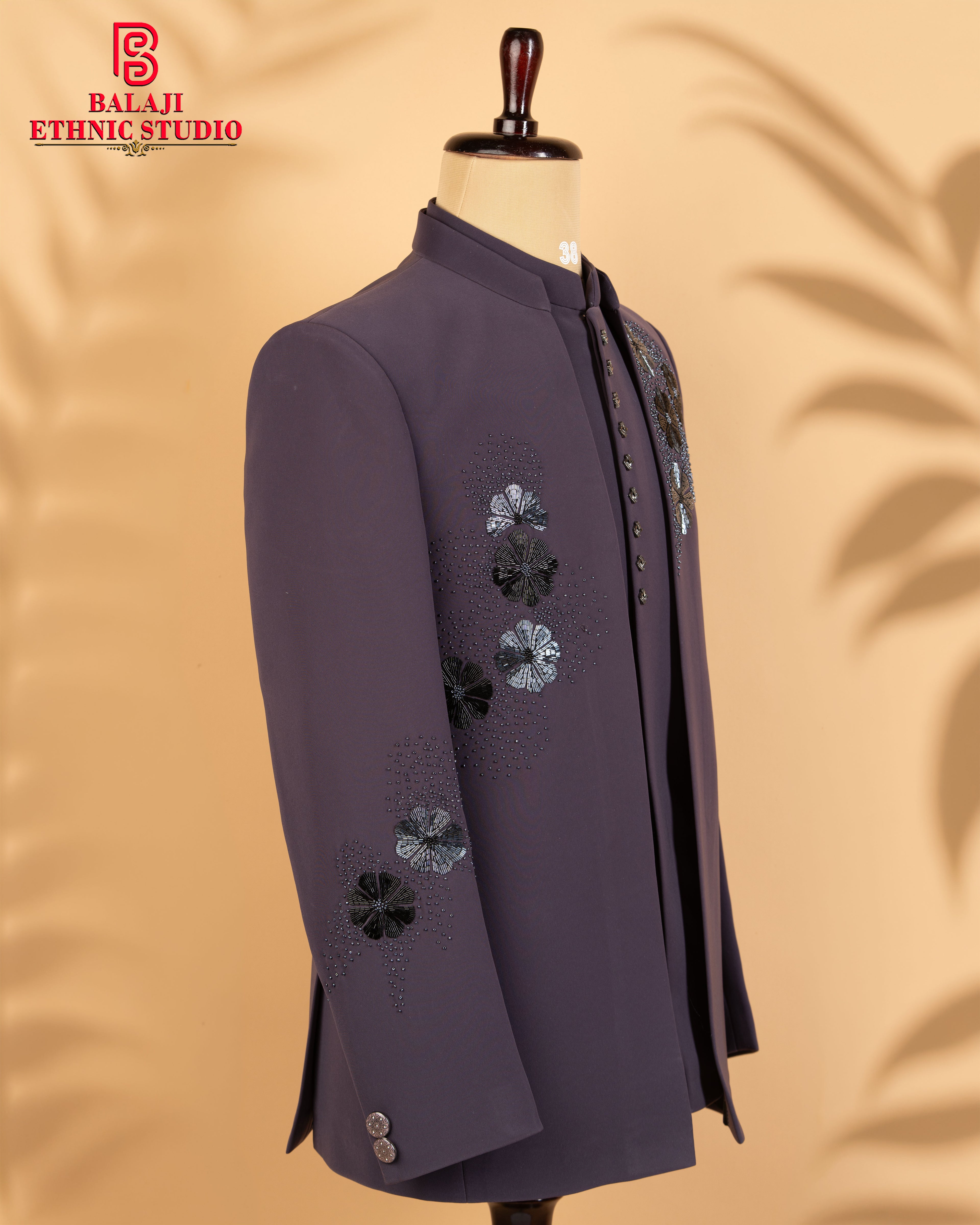 Dark Lavender Armani Fabric Open Jodhpuri with Kardana & Beads Work
