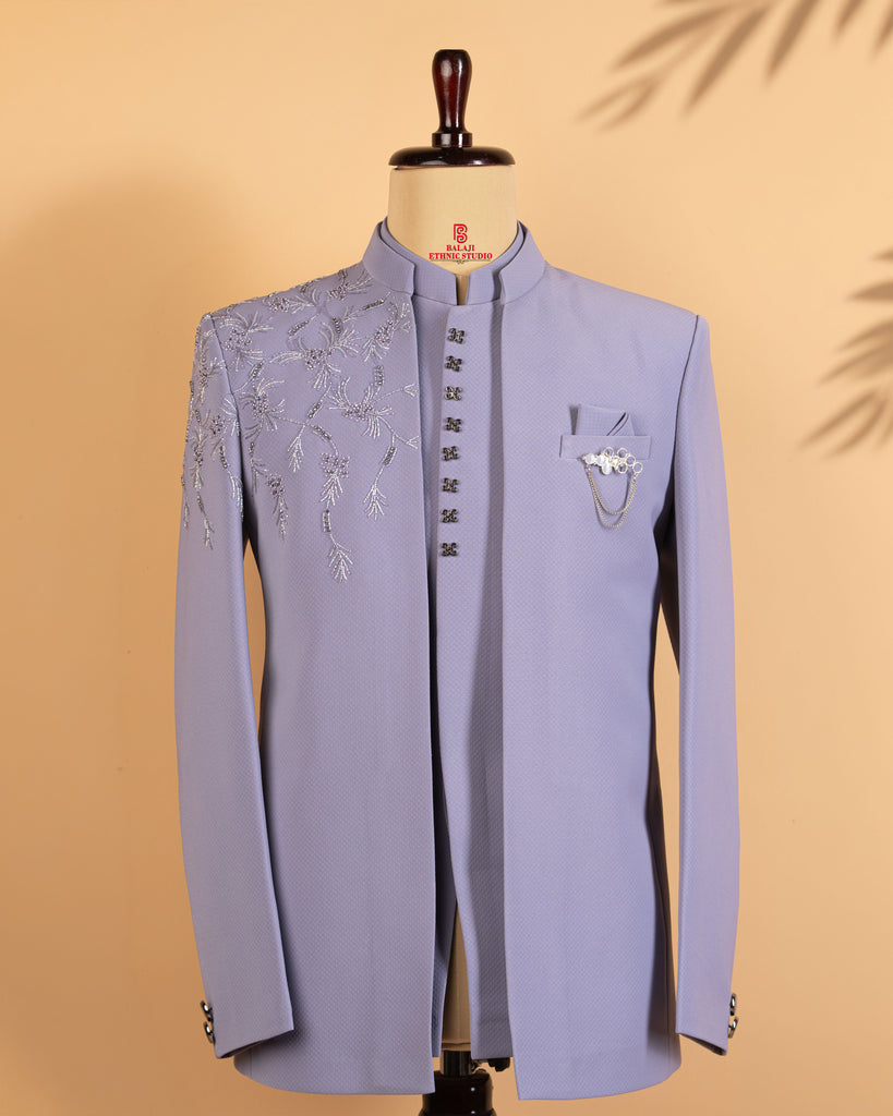Light Lavender Italian Fabric Open Jodhpuri with Beads Work & Embroidery
