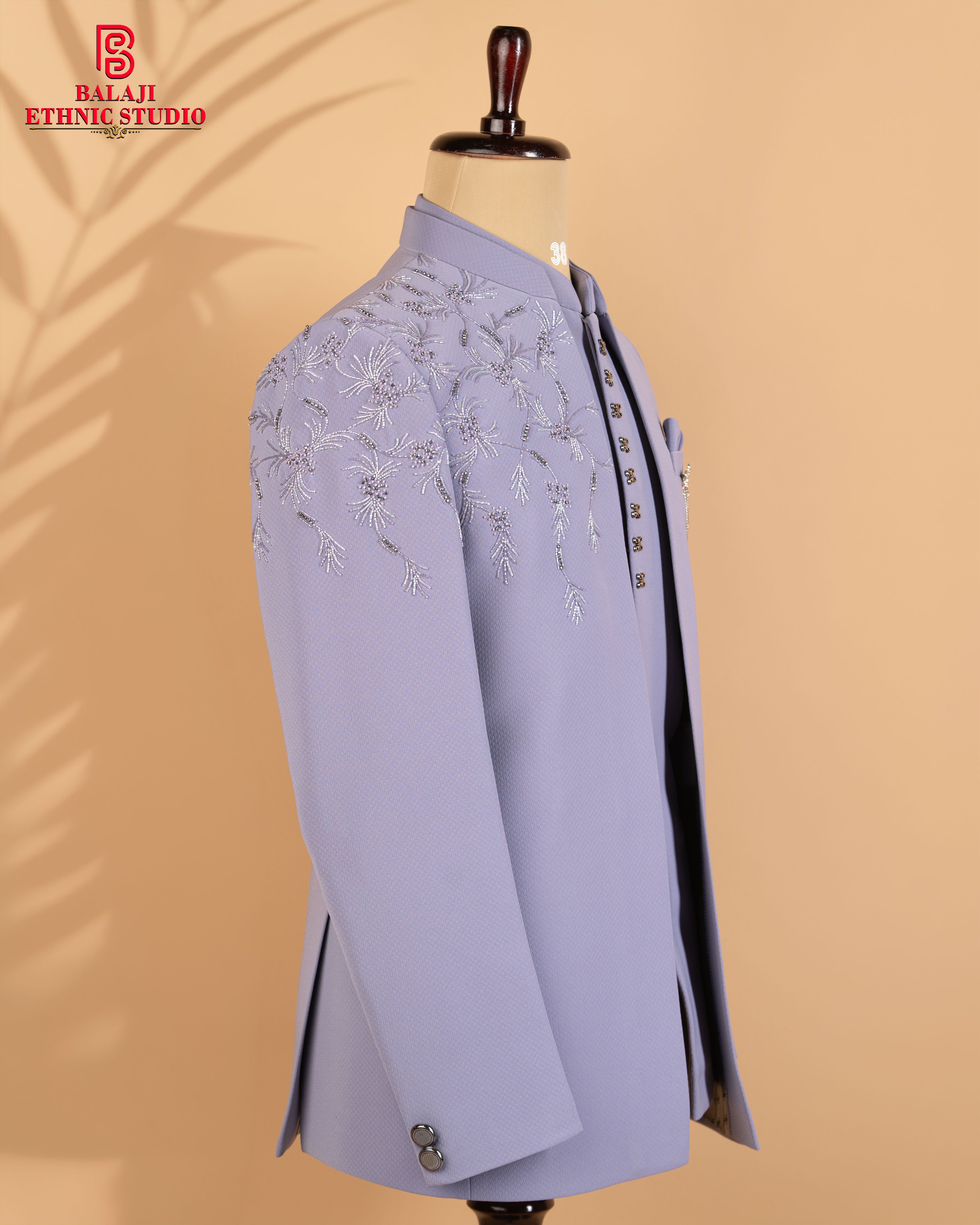 Light Lavender Italian Fabric Open Jodhpuri with Beads Work & Embroidery