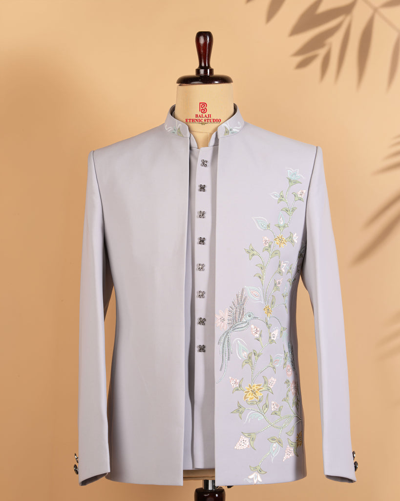 Ice Grey Open Jodhpuri Set with Floral Leather Print