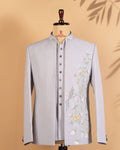 Ice Grey Open Jodhpuri Set with Floral Leather Print