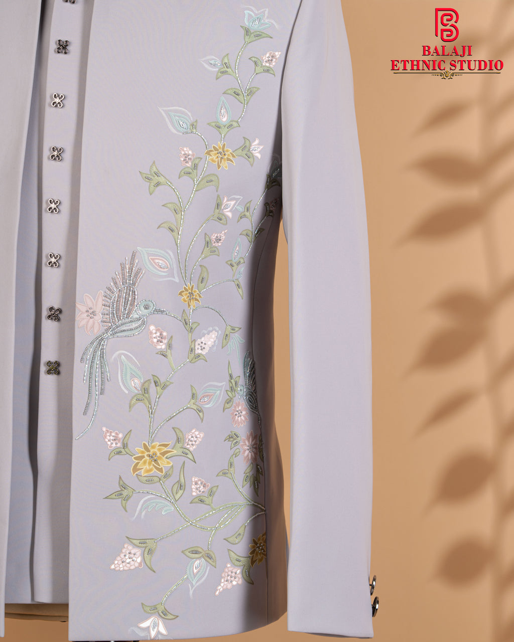 Ice Grey Open Jodhpuri Set with Floral Leather Print