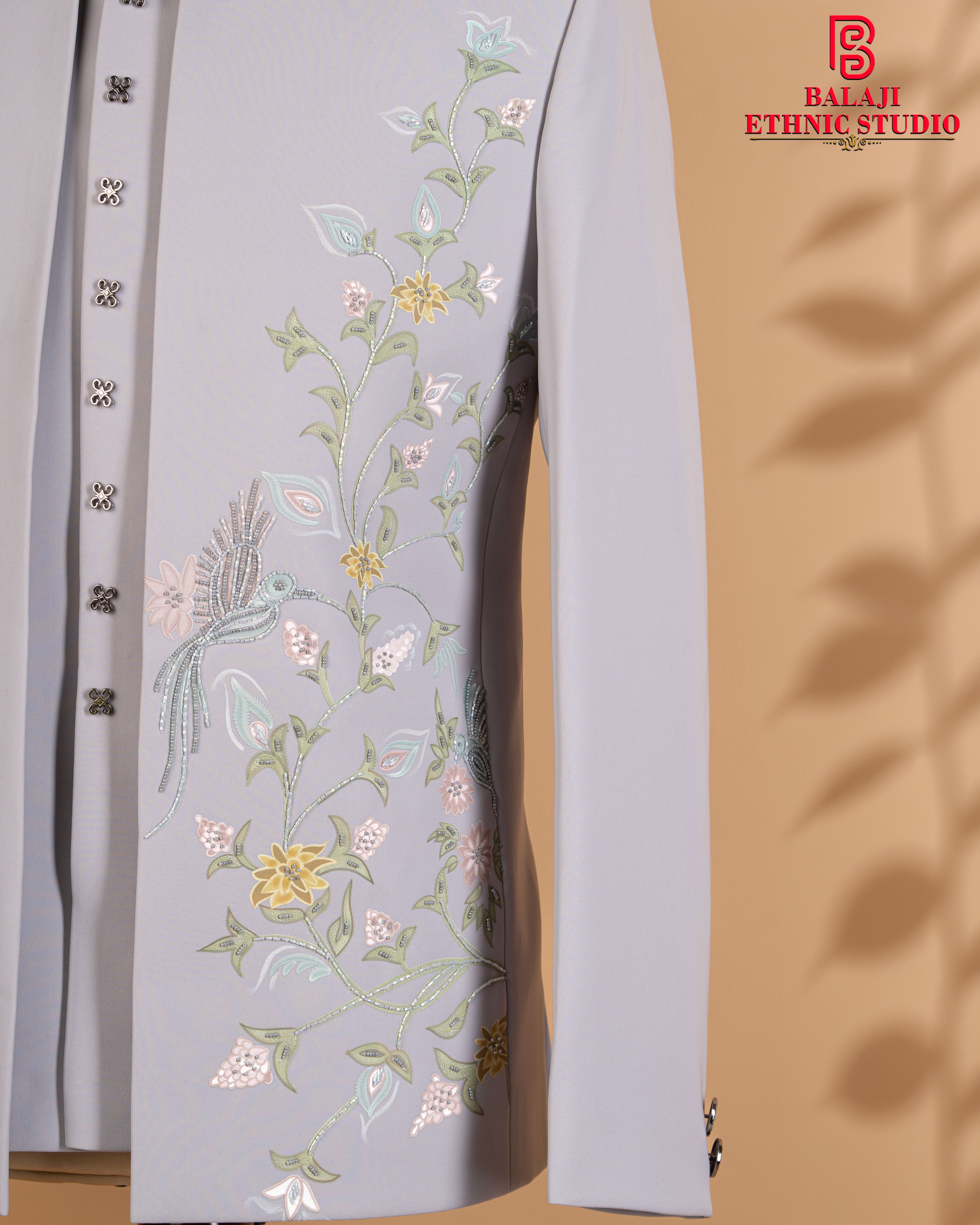 Ice Grey Open Jodhpuri Set with Floral Leather Print