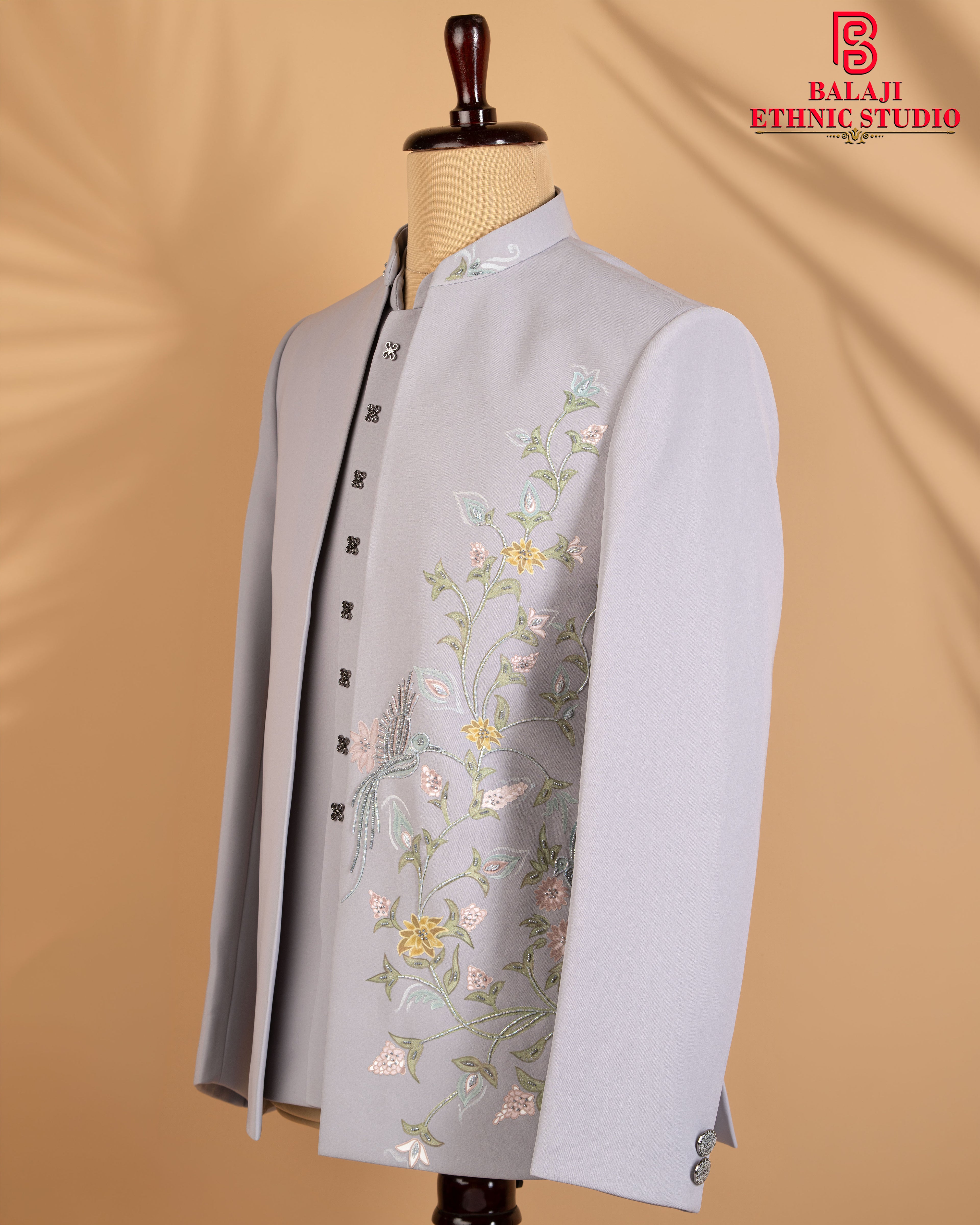 Ice Grey Open Jodhpuri Set with Floral Leather Print