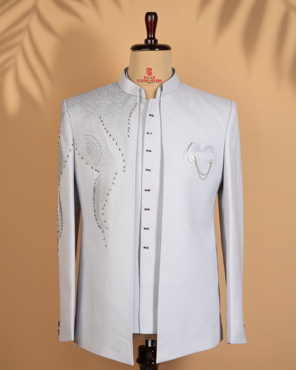 Light Grey Open Jodhpuri Set with Kardana & Beads Work