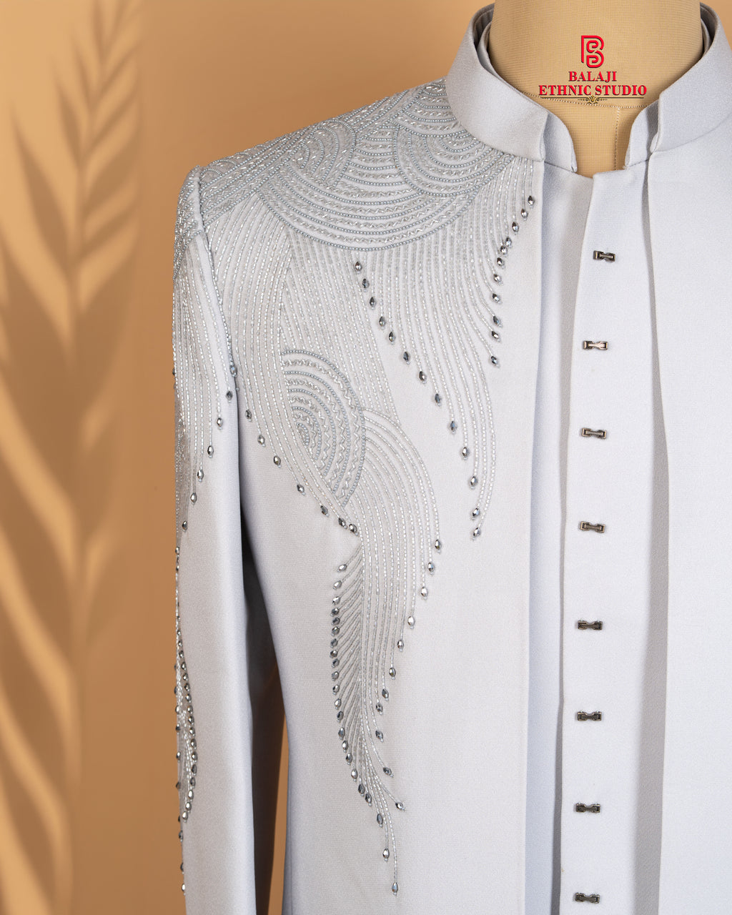 Light Grey Open Jodhpuri Set with Kardana & Beads Work