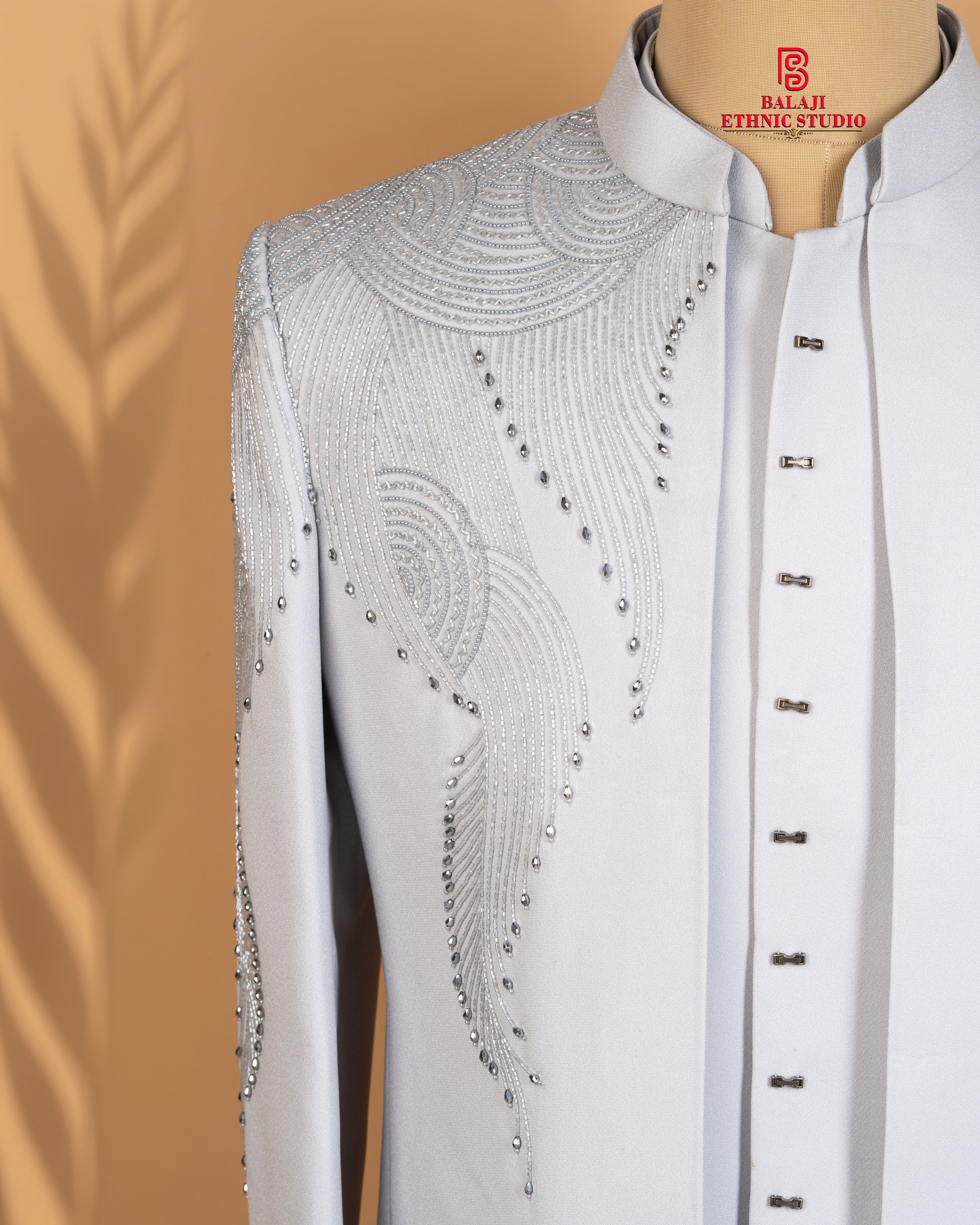 Light Grey Open Jodhpuri Set with Kardana & Beads Work