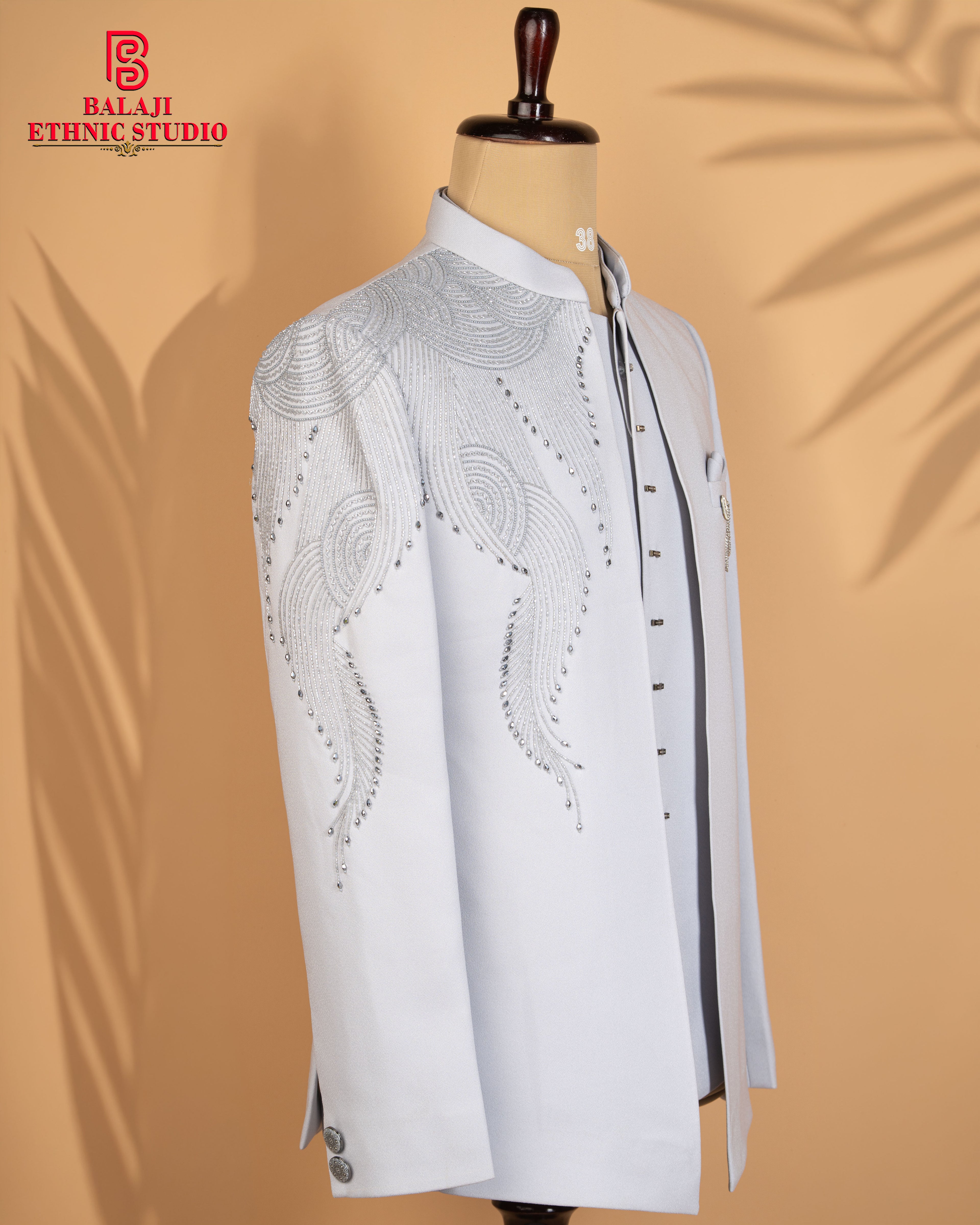 Light Grey Open Jodhpuri Set with Kardana & Beads Work