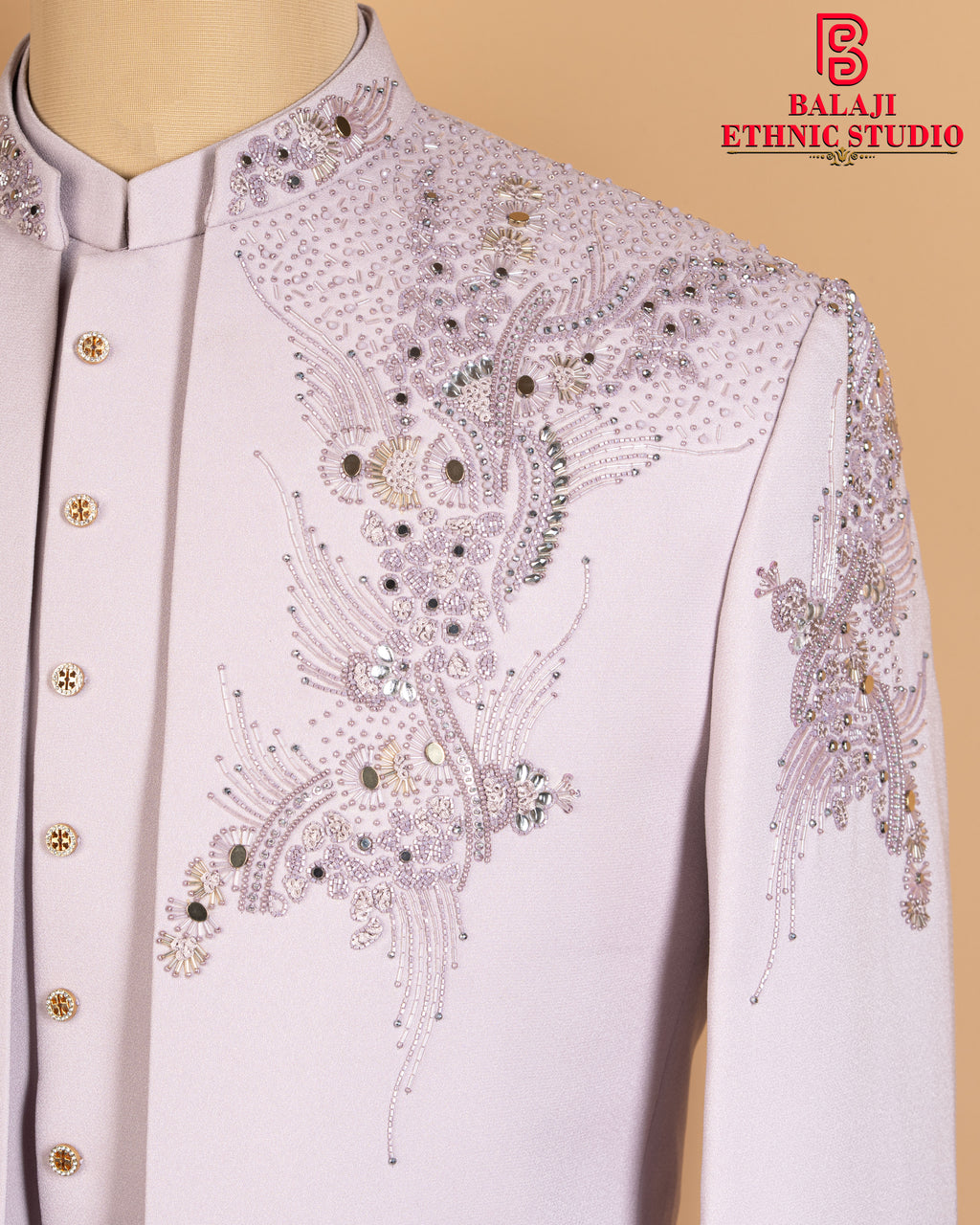 Peach Pink Jodhpuri Set with Kardana & Beads Work