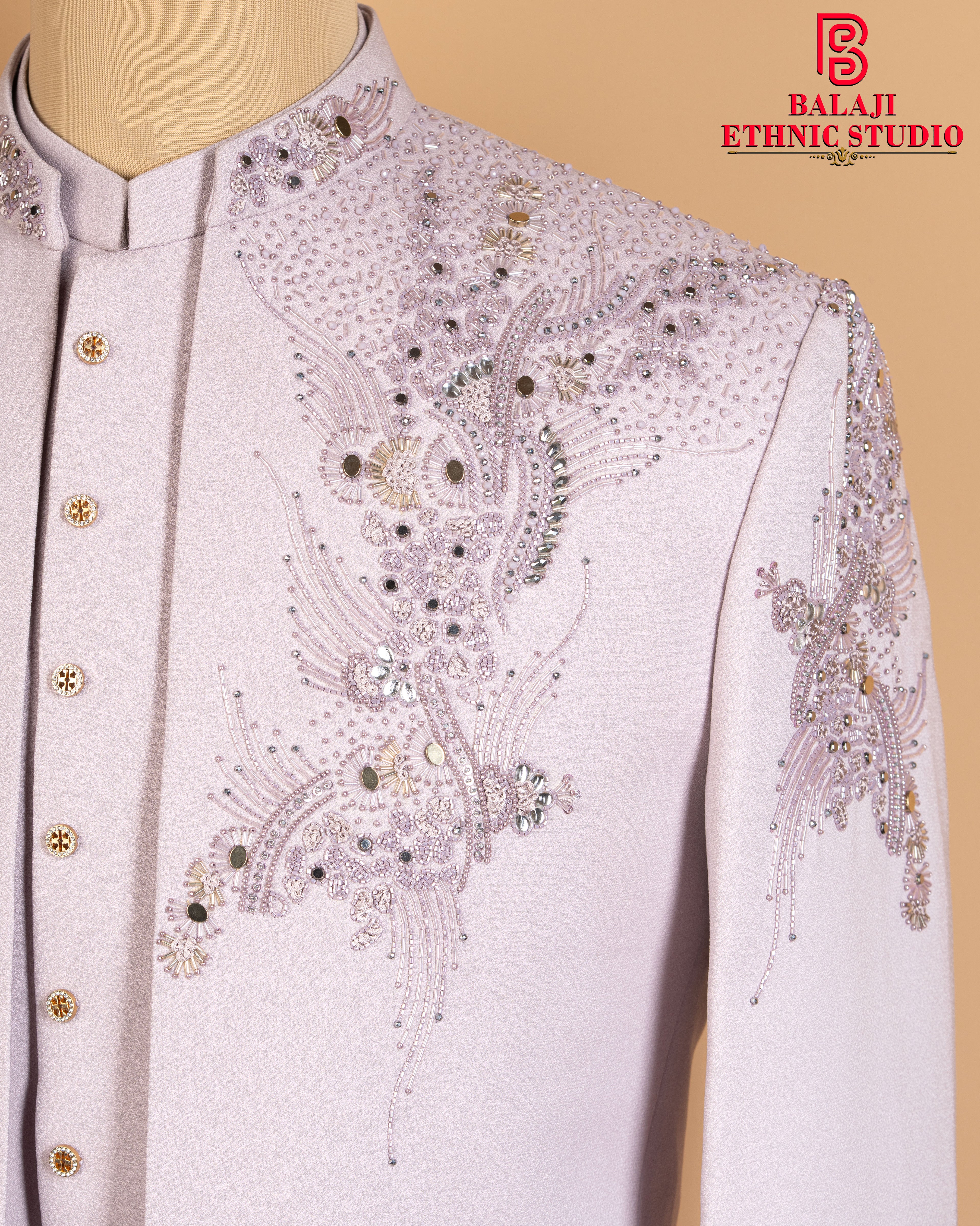 Peach Pink Jodhpuri Set with Kardana & Beads Work