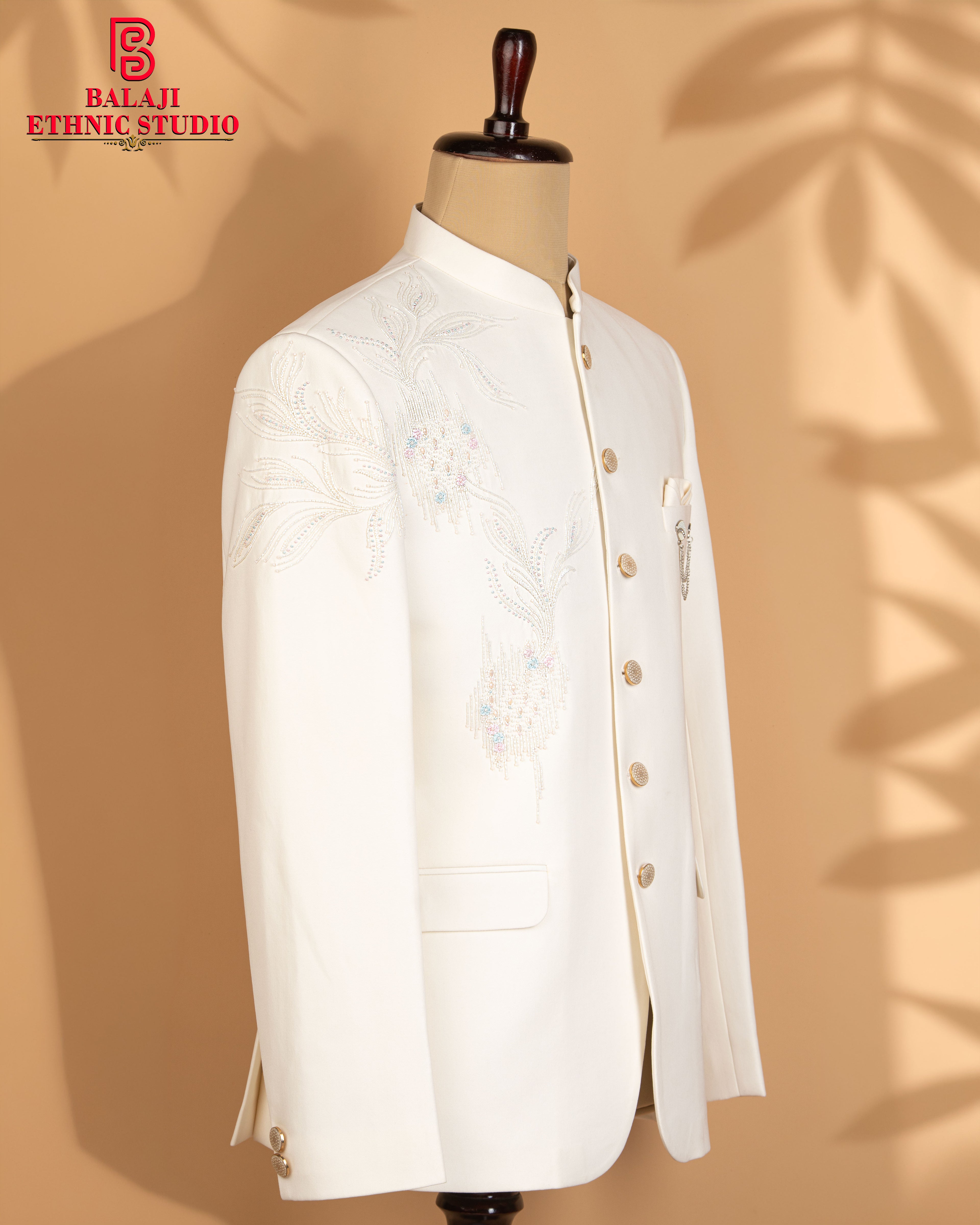 Off-White Closed Jodhpuri Suit with Bead Embroidery (Armani Fabric)