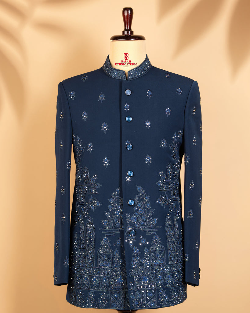 Steel Blue Closed Jodhpuri Suit with Mirror & Embroidery Work