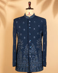 Steel Blue Closed Jodhpuri Suit with Mirror & Embroidery Work