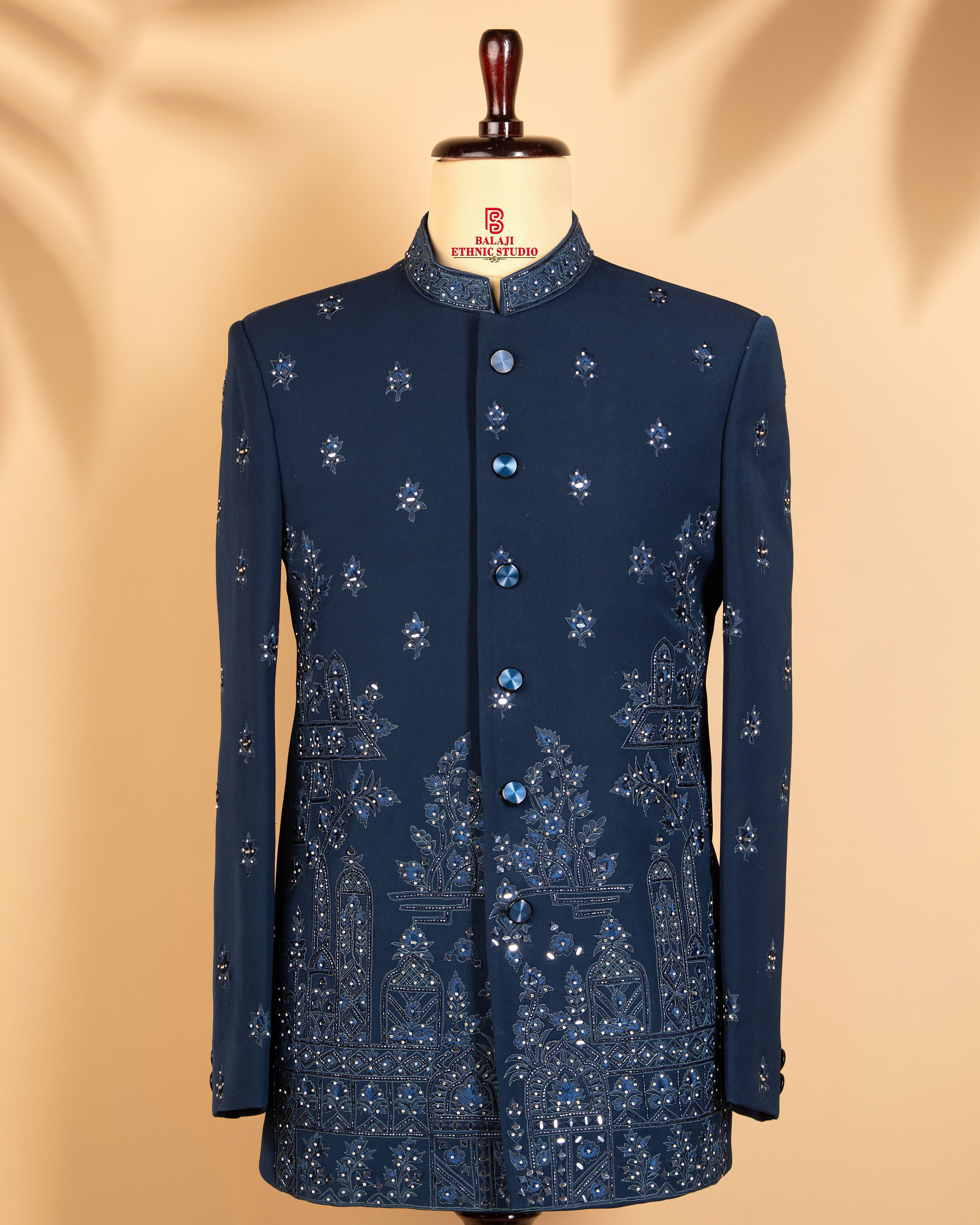 Steel Blue Closed Jodhpuri Suit with Mirror & Embroidery Work