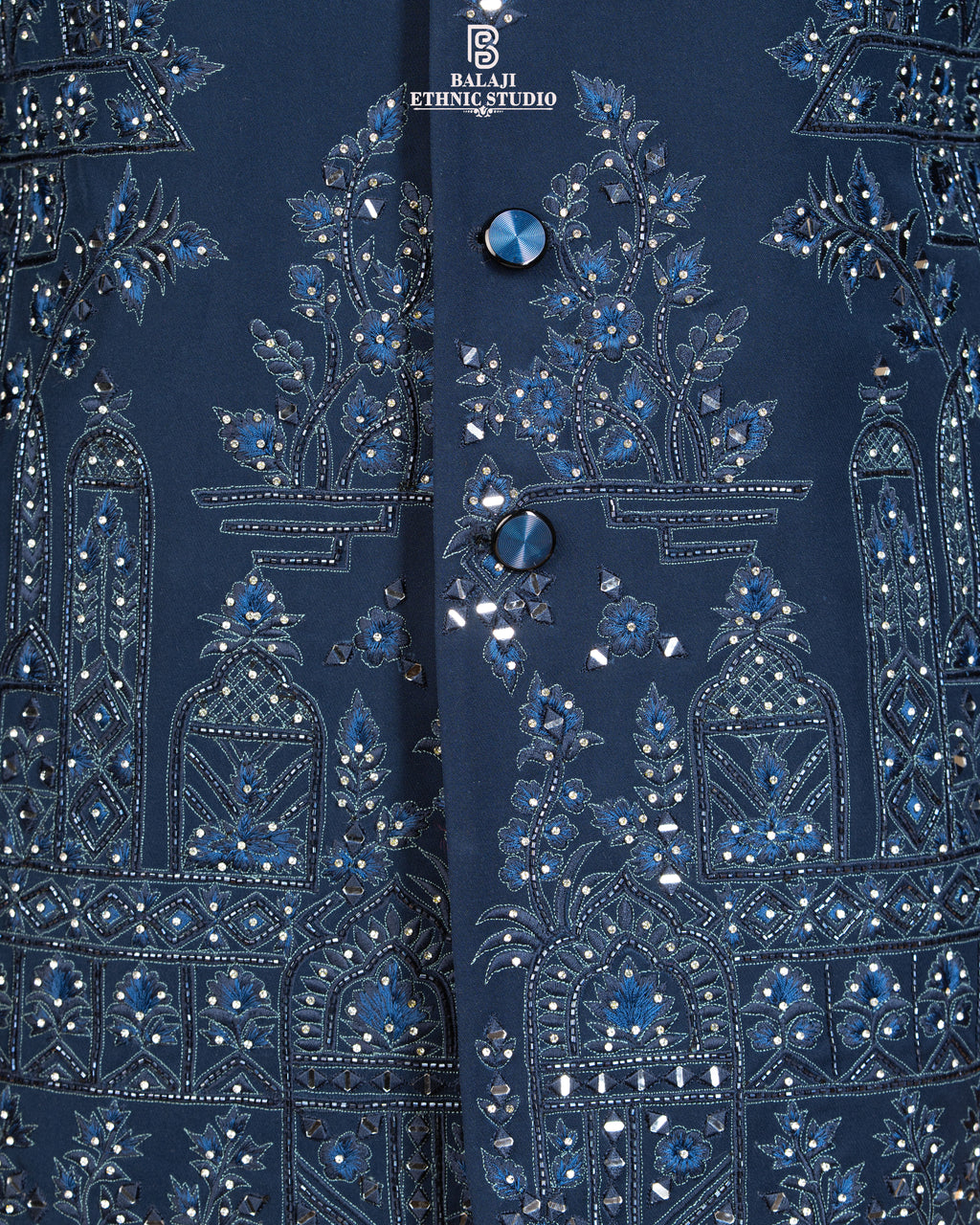 Steel Blue Closed Jodhpuri Suit with Mirror & Embroidery Work
